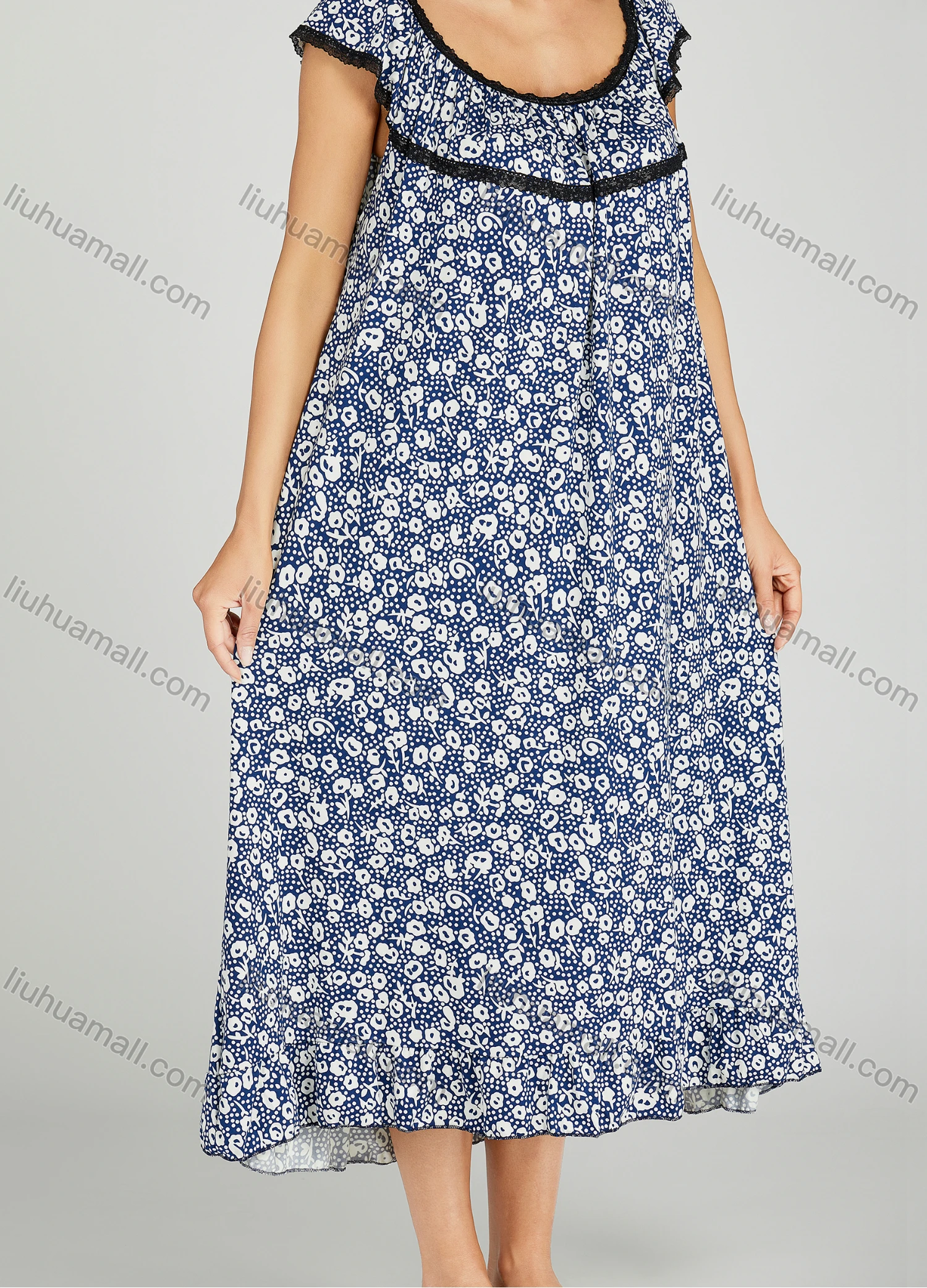 Wholesale Women's Milk Silk Lace Trim Allover Print Lounge Cap Sleeve Maxi Night Dress 001# - Liuhuamall