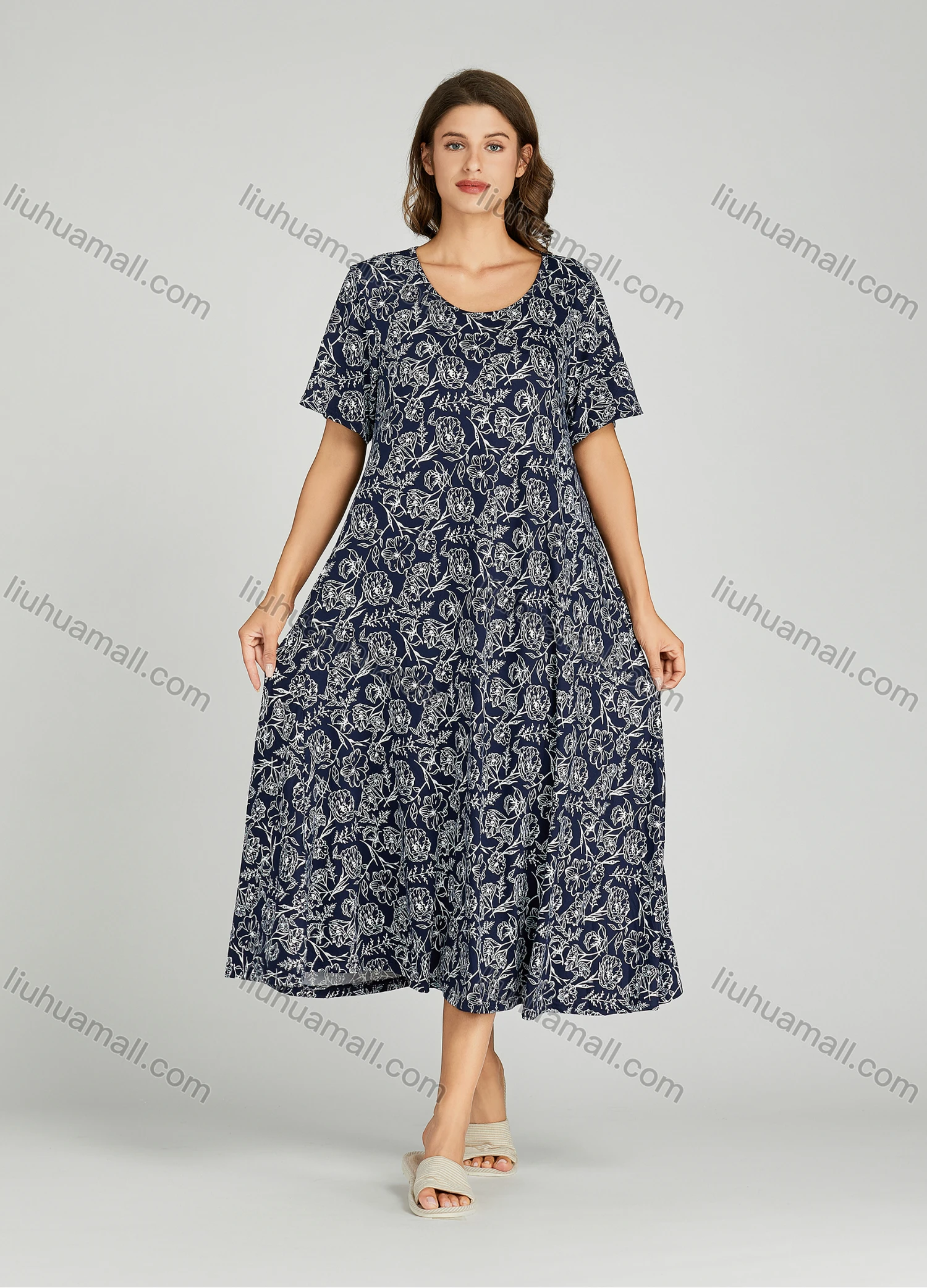 Wholesale Women's Allover Floral Print Milk Silk Scoop Neck Lounge Short Sleeve Maxi Night Dress 801# - Liuhuamall