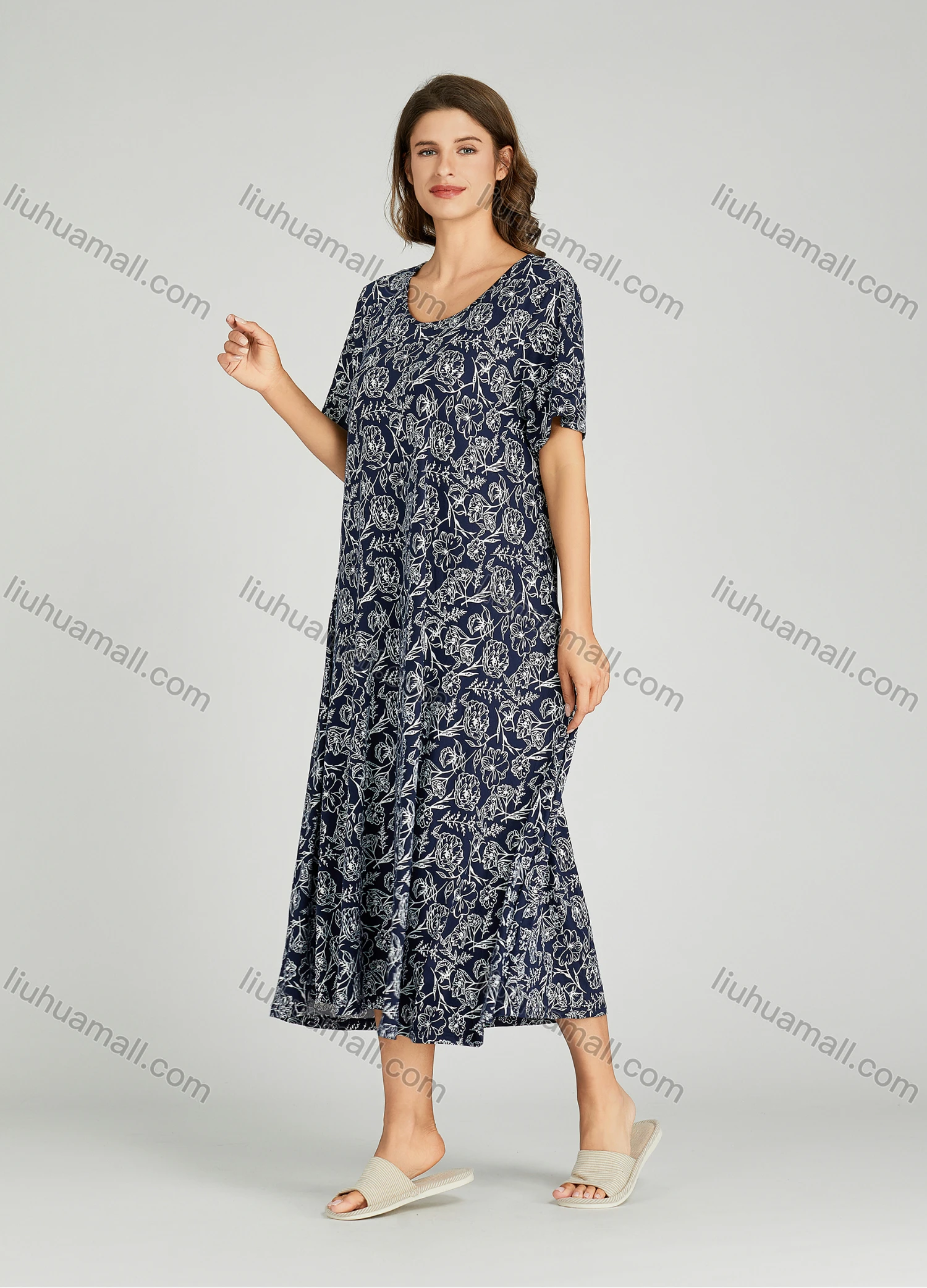 Wholesale Women's Allover Floral Print Milk Silk Scoop Neck Lounge Short Sleeve Maxi Night Dress 801# - Liuhuamall