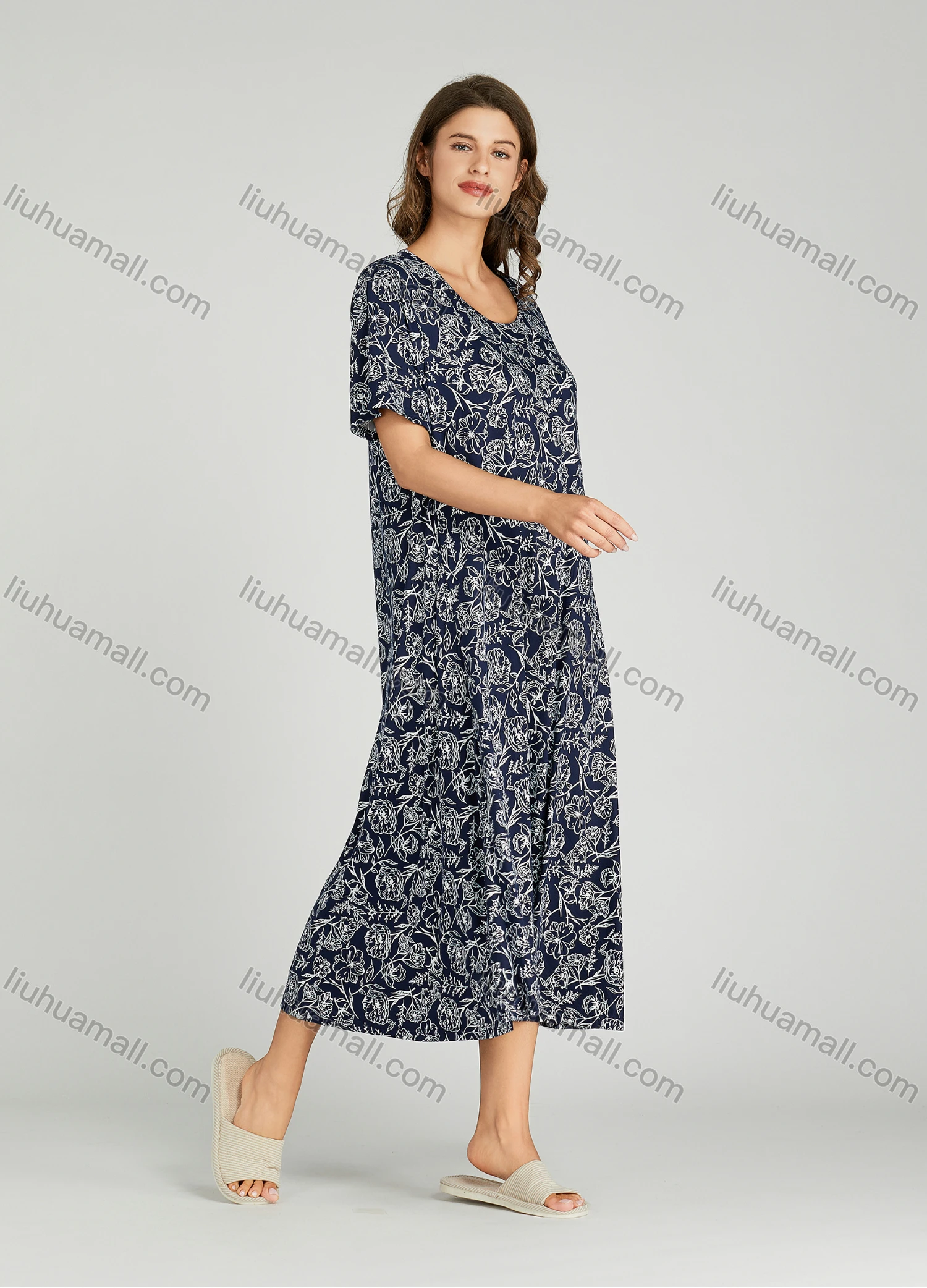 Wholesale Women's Allover Floral Print Milk Silk Scoop Neck Lounge Short Sleeve Maxi Night Dress 801# - Liuhuamall