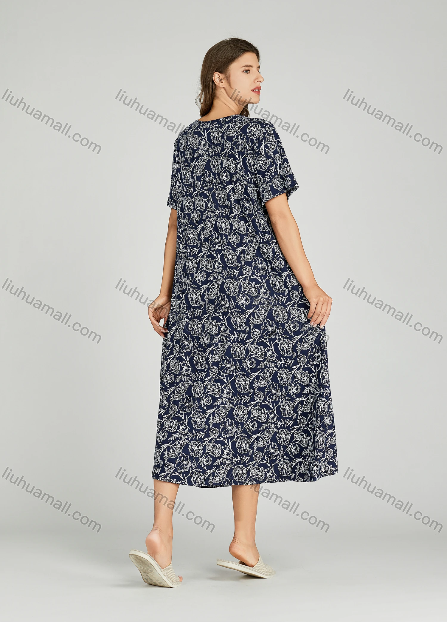 Wholesale Women's Allover Floral Print Milk Silk Scoop Neck Lounge Short Sleeve Maxi Night Dress 801# - Liuhuamall