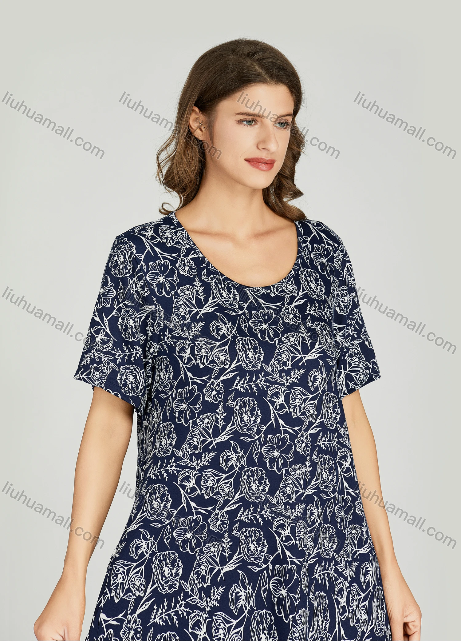 Wholesale Women's Allover Floral Print Milk Silk Scoop Neck Lounge Short Sleeve Maxi Night Dress 801# - Liuhuamall