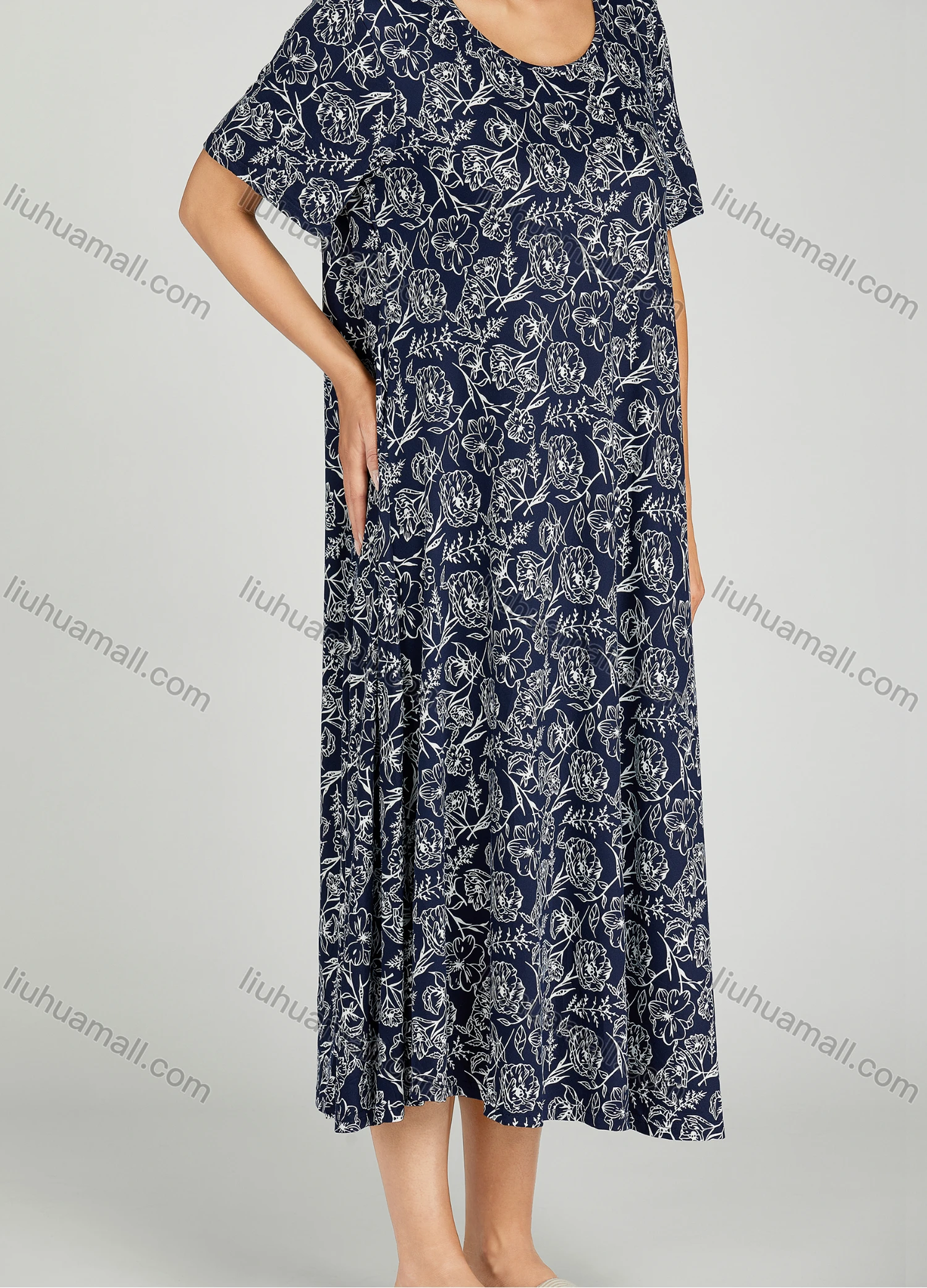 Wholesale Women's Allover Floral Print Milk Silk Scoop Neck Lounge Short Sleeve Maxi Night Dress 801# - Liuhuamall