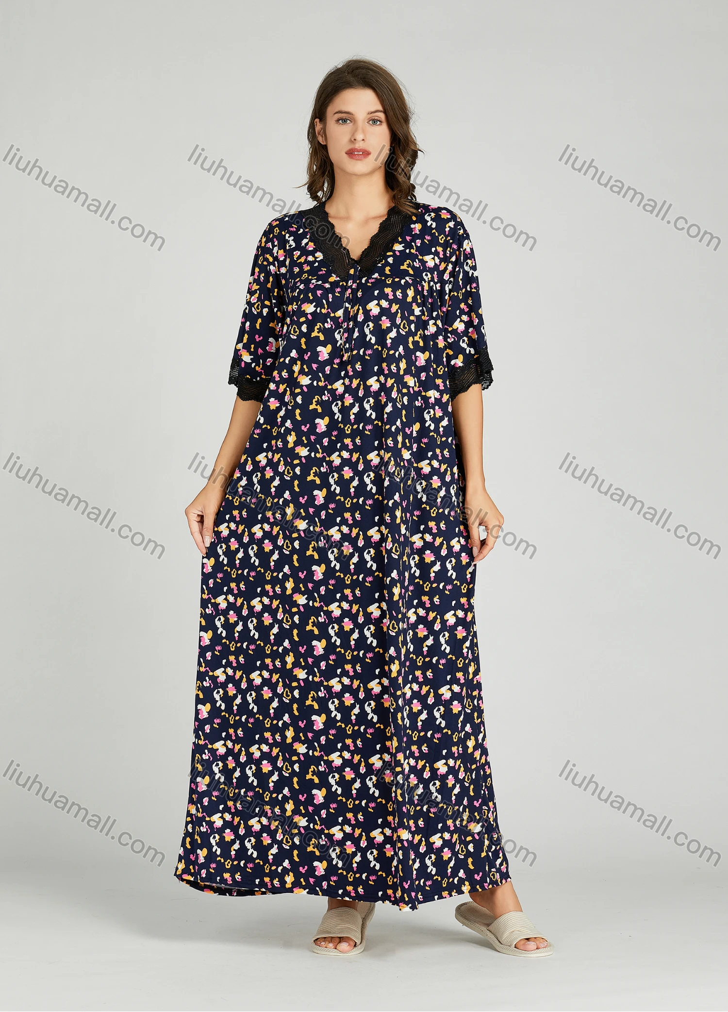 Wholesale Women's Allover Print Milk Silk Lace Trim V Neck Lounge Half Sleeve Maxi Night Dress 081# - Liuhuamall