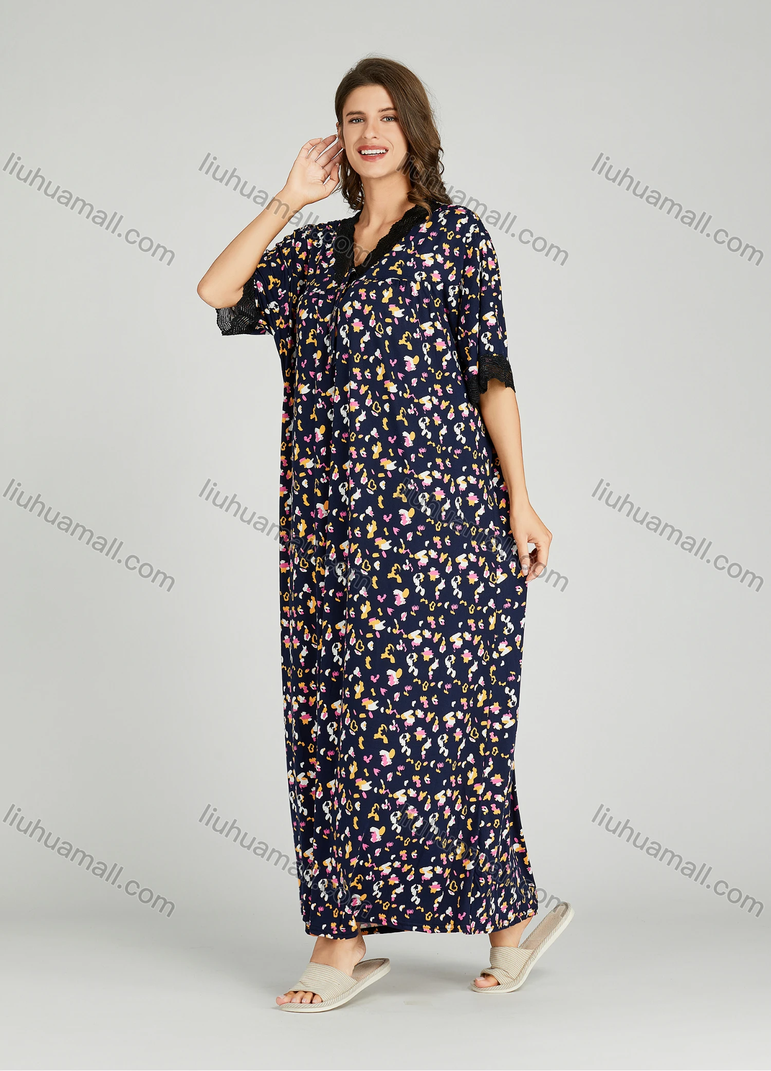 Wholesale Women's Allover Print Milk Silk Lace Trim V Neck Lounge Half Sleeve Maxi Night Dress 081# - Liuhuamall