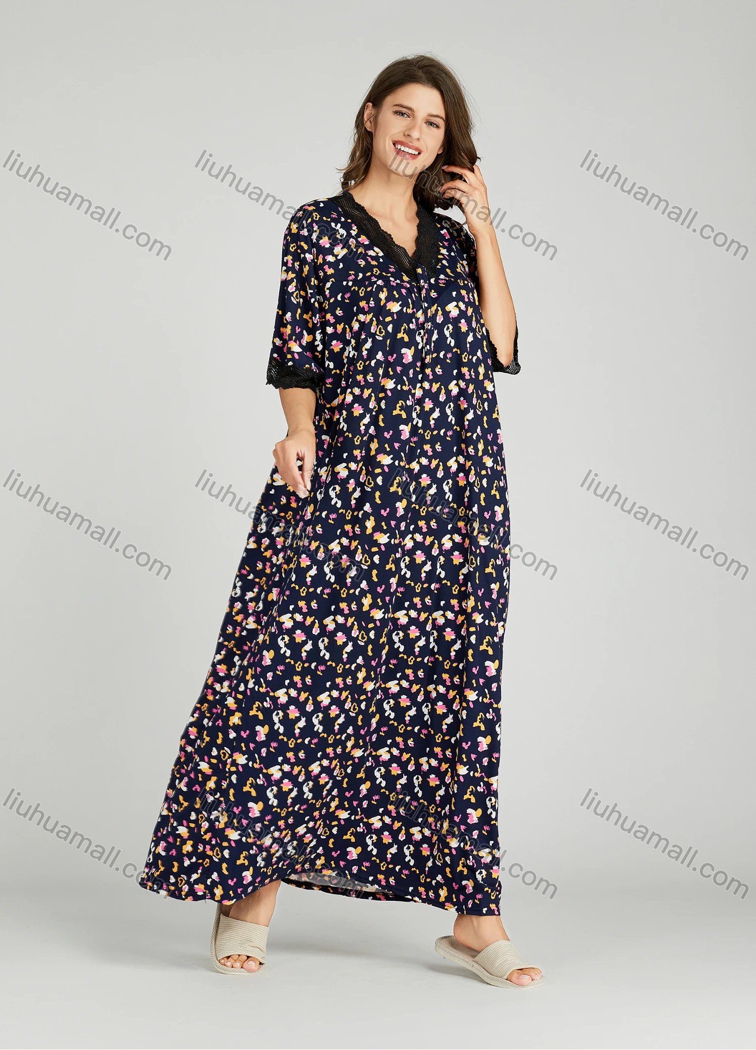 Wholesale Women's Allover Print Milk Silk Lace Trim V Neck Lounge Half Sleeve Maxi Night Dress 081# - Liuhuamall
