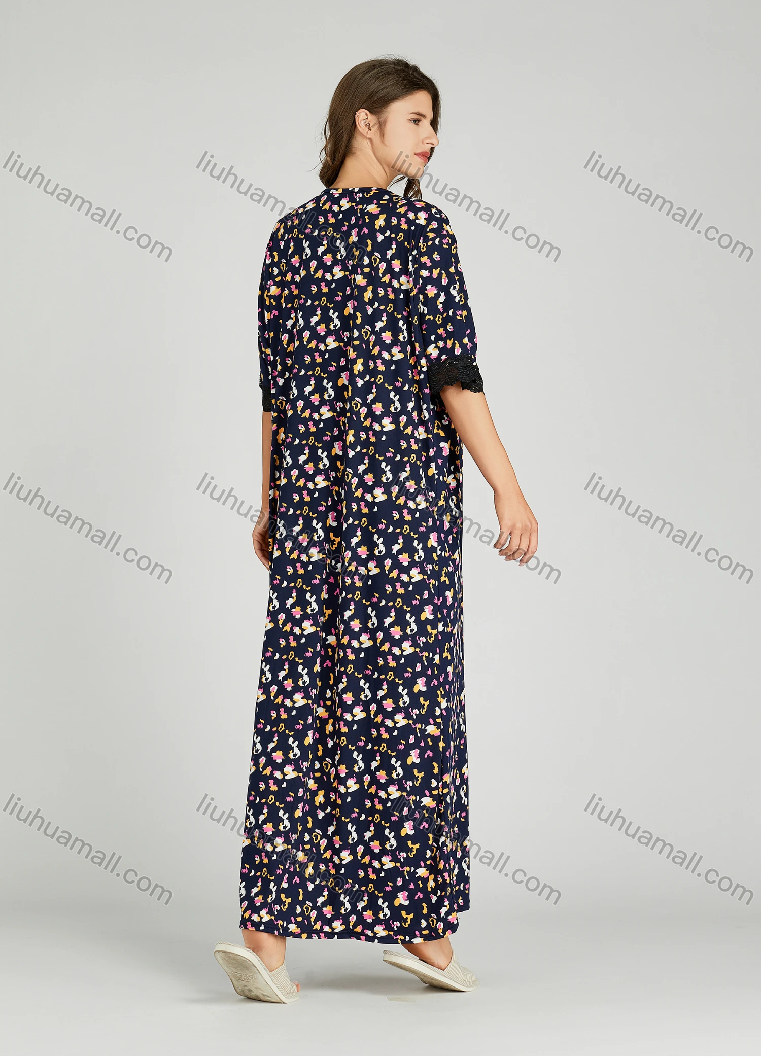 Wholesale Women's Allover Print Milk Silk Lace Trim V Neck Lounge Half Sleeve Maxi Night Dress 081# - Liuhuamall