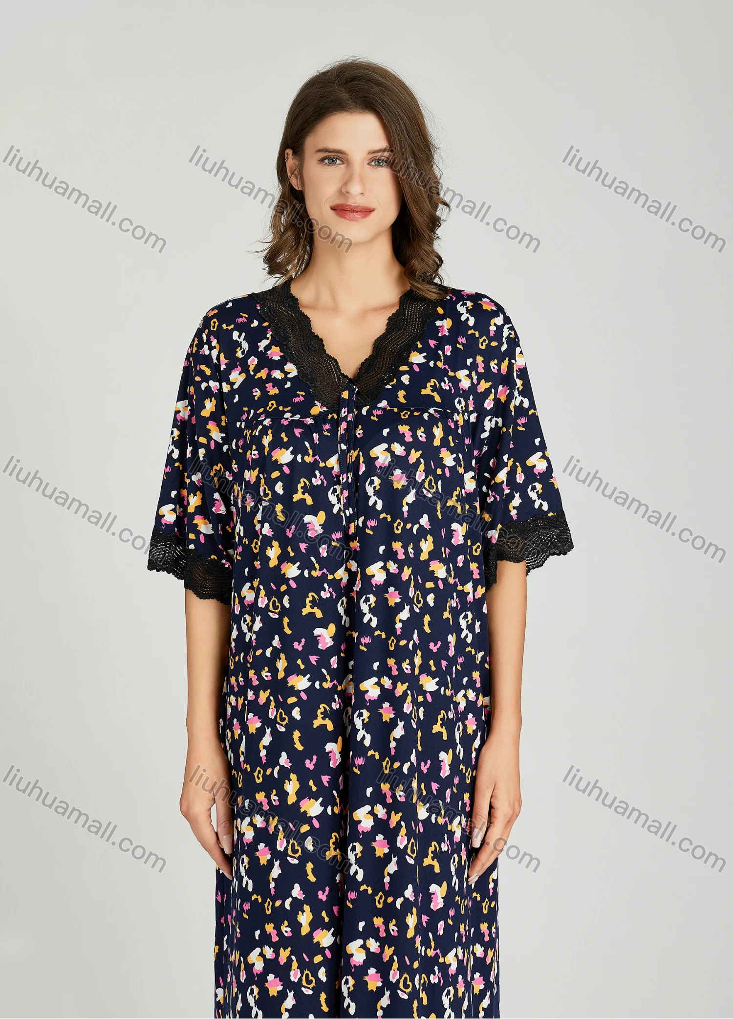 Wholesale Women's Allover Print Milk Silk Lace Trim V Neck Lounge Half Sleeve Maxi Night Dress 081# - Liuhuamall