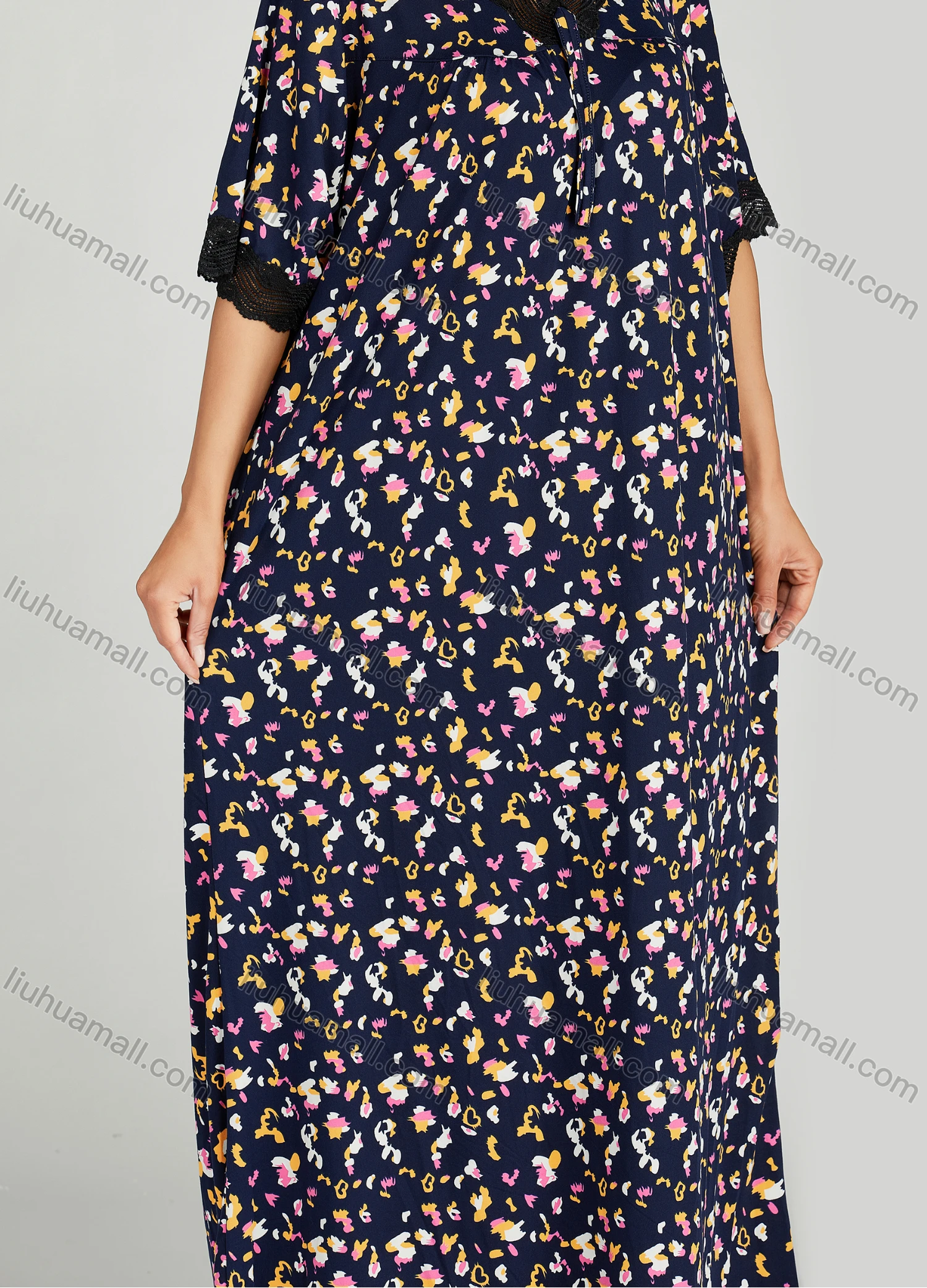Wholesale Women's Allover Print Milk Silk Lace Trim V Neck Lounge Half Sleeve Maxi Night Dress 081# - Liuhuamall