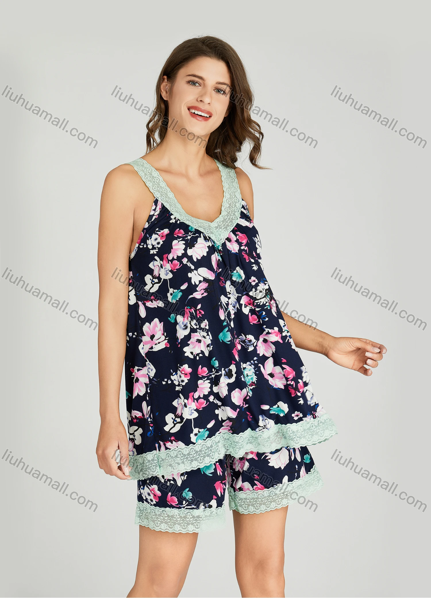 Wholesale Women's Allover Floral Print Milk Silk Lace Trim V Neck Top & Shorts 2 Piece Pajamas Lounge Set 0508# - Liuhuamall