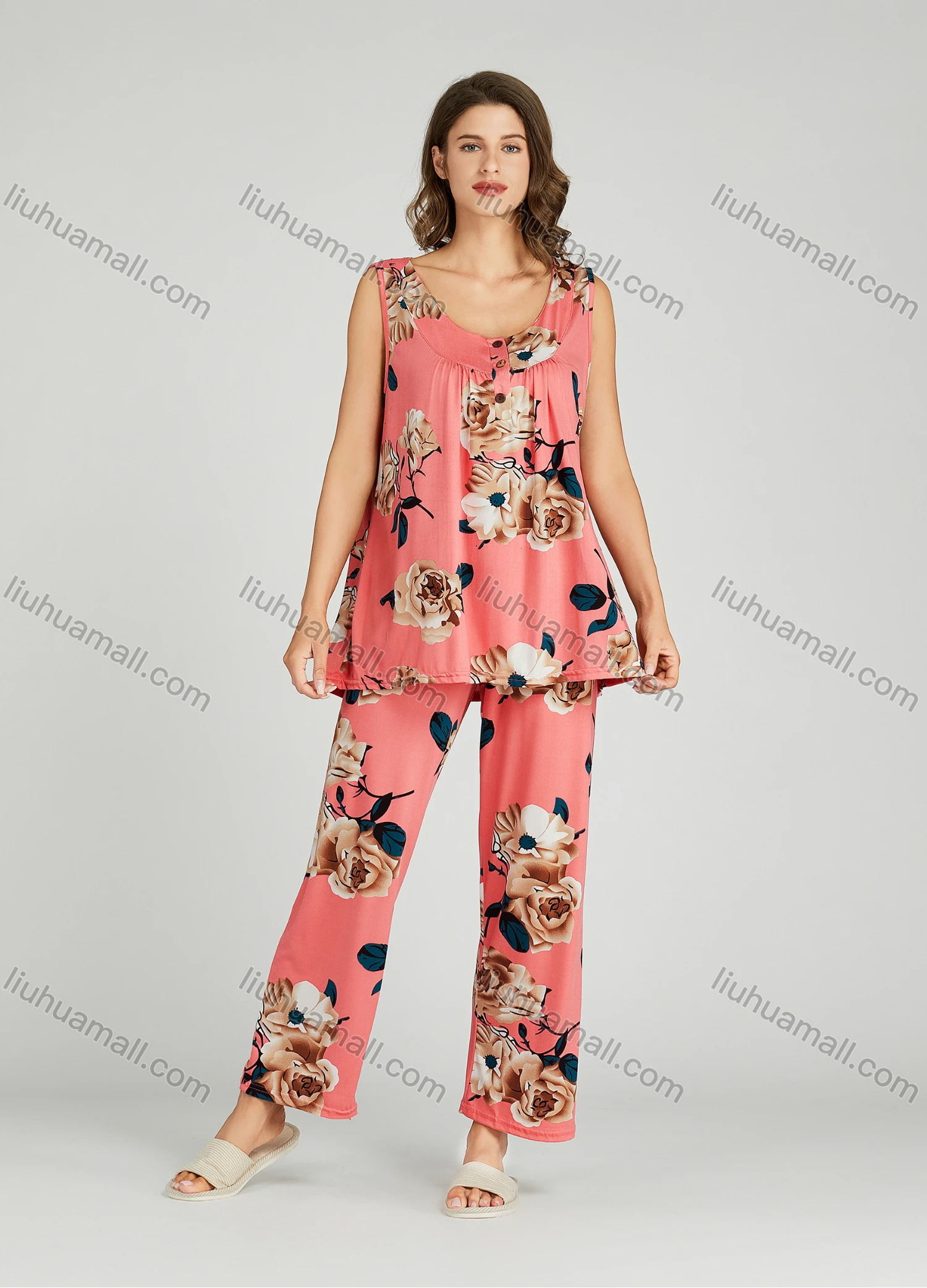 Wholesale Women's Allover Floral Print Ruched Milk Silk Button Front Tank Top Pajamas Lounge 2 Piece Set 0503# - Liuhuamall