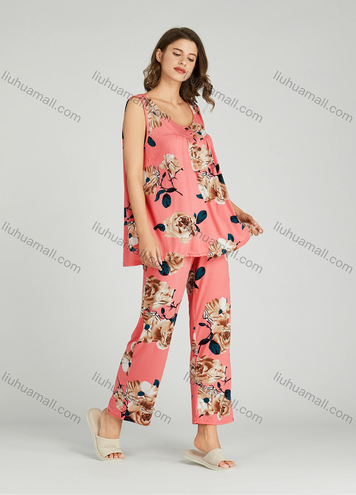 Wholesale Women's Allover Floral Print Ruched Milk Silk Button Front Tank Top Pajamas Lounge 2 Piece Set 0503# - Liuhuamall