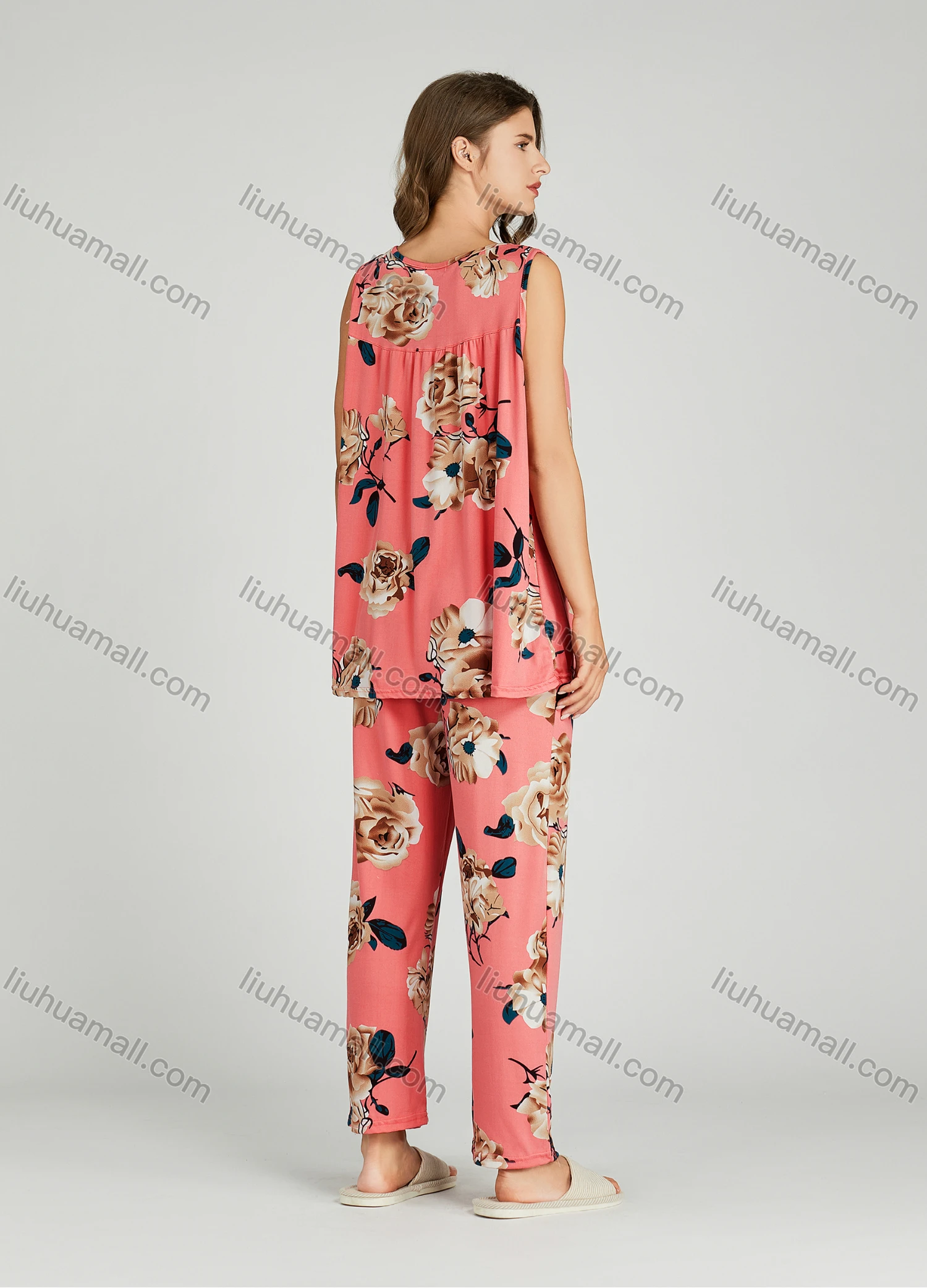 Wholesale Women's Allover Floral Print Ruched Milk Silk Button Front Tank Top Pajamas Lounge 2 Piece Set 0503# - Liuhuamall