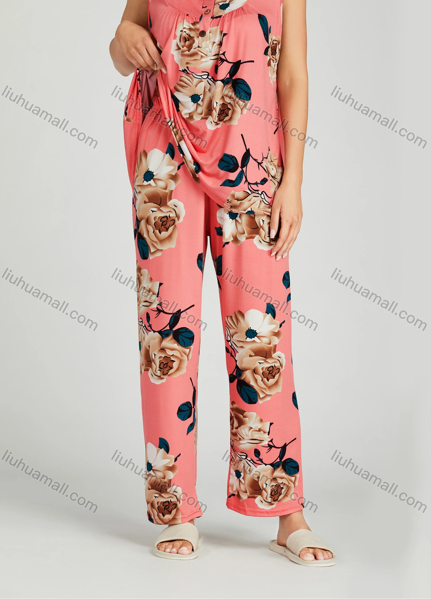 Wholesale Women's Allover Floral Print Ruched Milk Silk Button Front Tank Top Pajamas Lounge 2 Piece Set 0503# - Liuhuamall