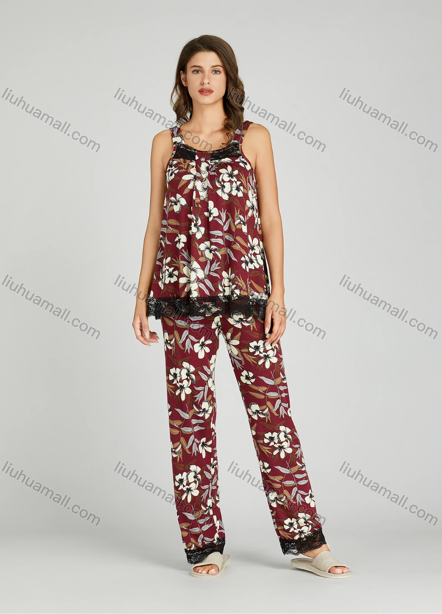 Wholesale Women's Allover Floral Print Lace Trim Milk Silk Tank Top Pajamas Lounge 2 Piece Set 5504# - Liuhuamall