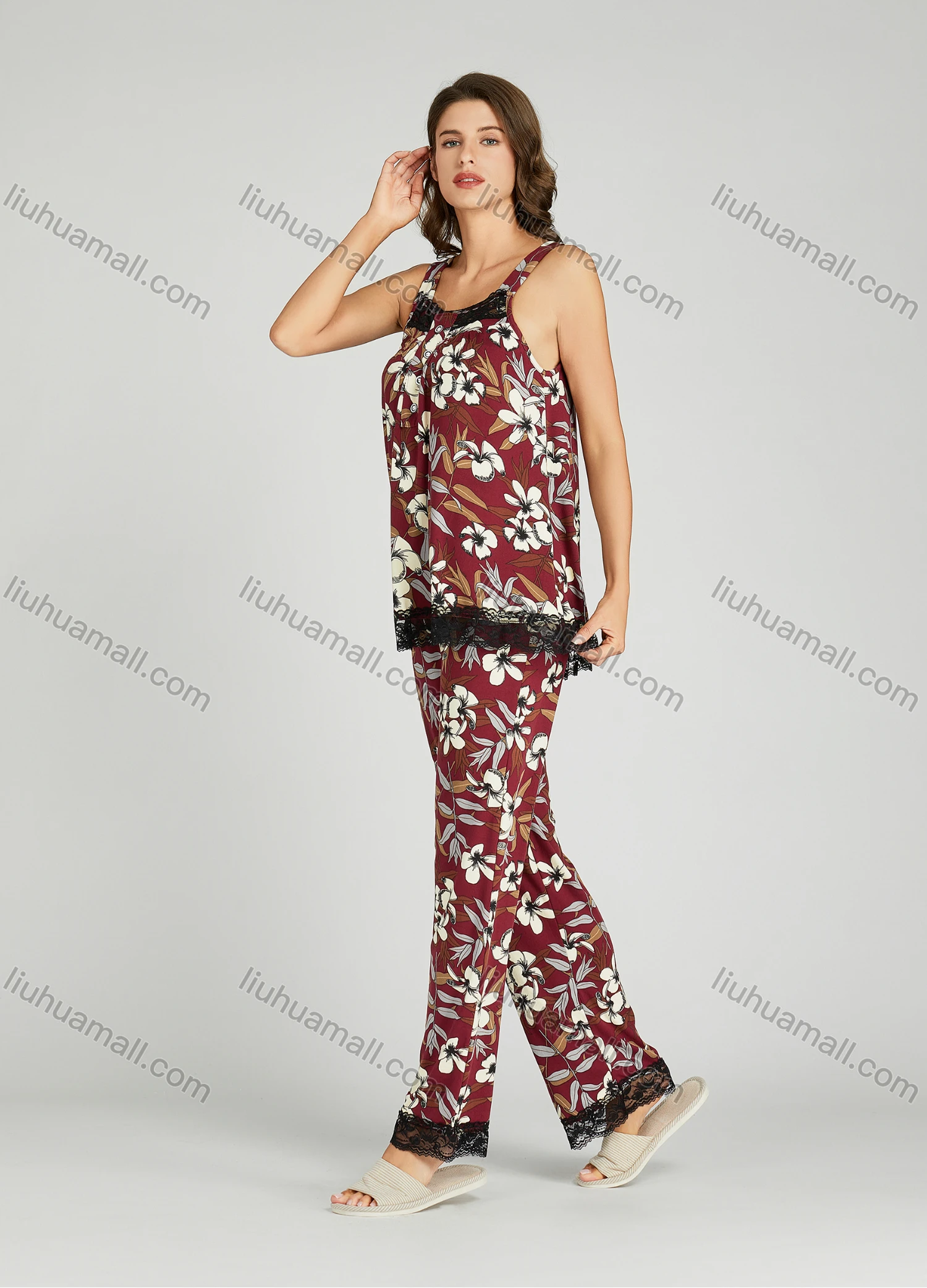 Wholesale Women's Allover Floral Print Lace Trim Milk Silk Tank Top Pajamas Lounge 2 Piece Set 5504# - Liuhuamall