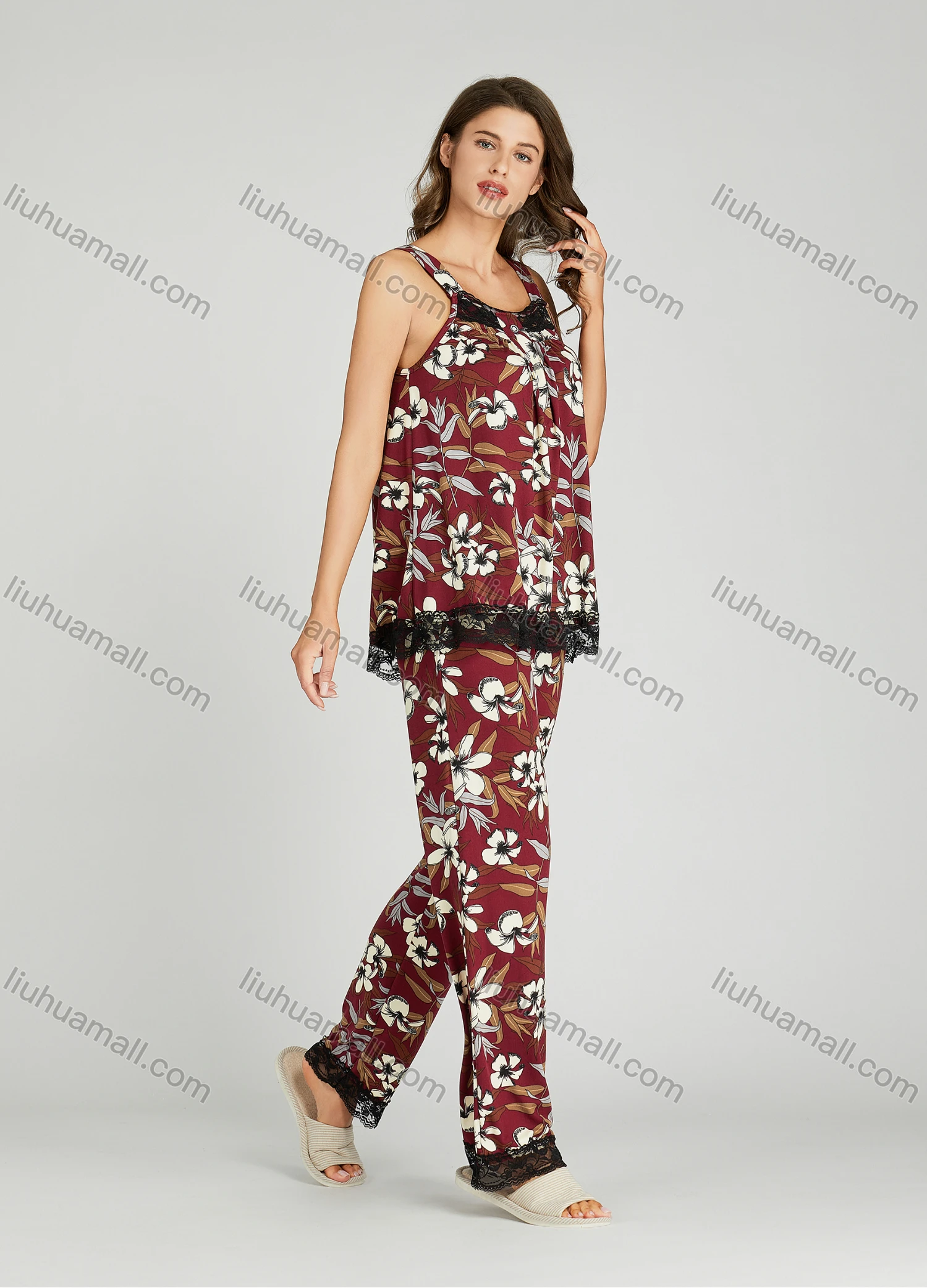 Wholesale Women's Allover Floral Print Lace Trim Milk Silk Tank Top Pajamas Lounge 2 Piece Set 5504# - Liuhuamall