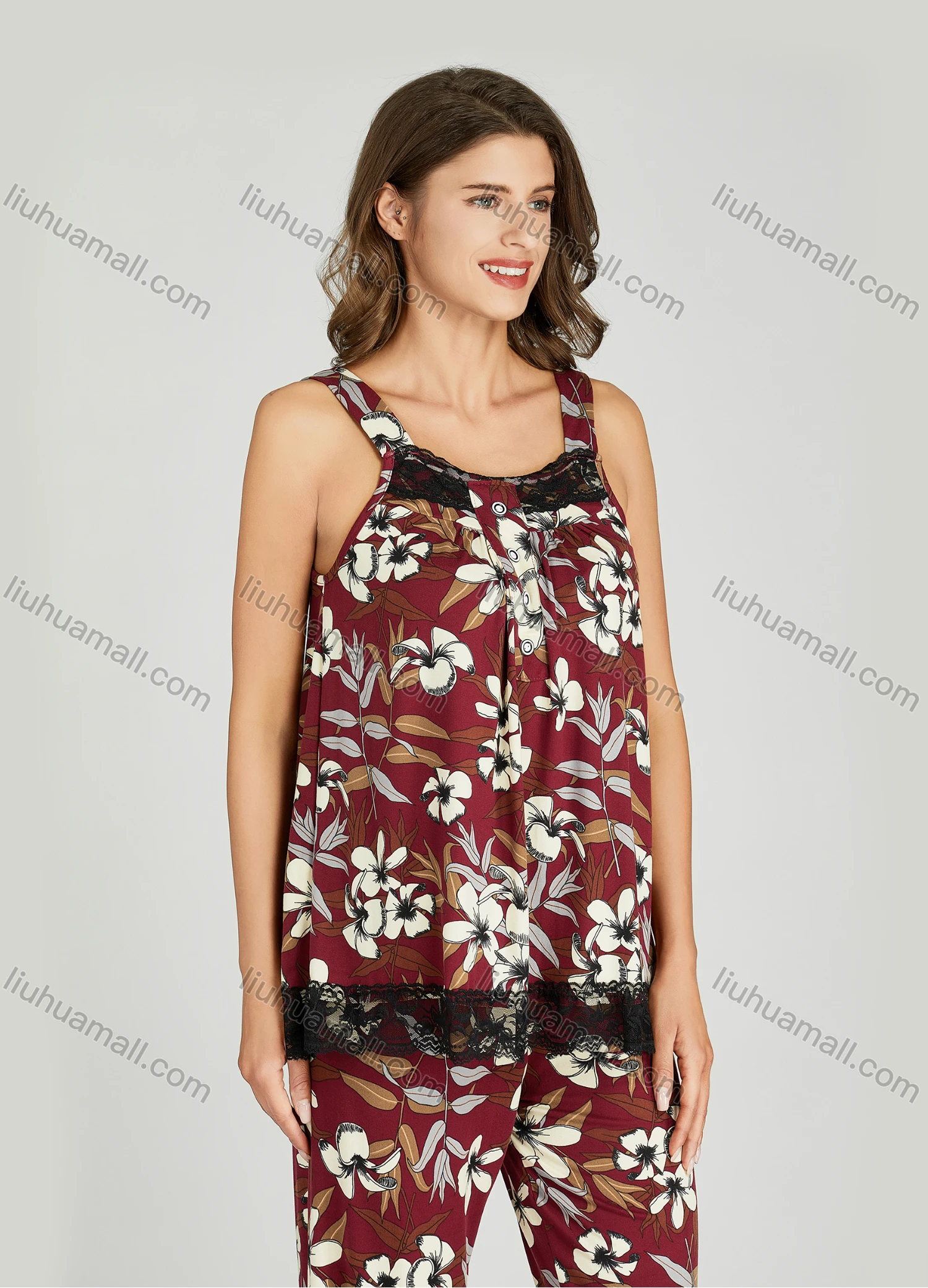 Wholesale Women's Allover Floral Print Lace Trim Milk Silk Tank Top Pajamas Lounge 2 Piece Set 5504# - Liuhuamall