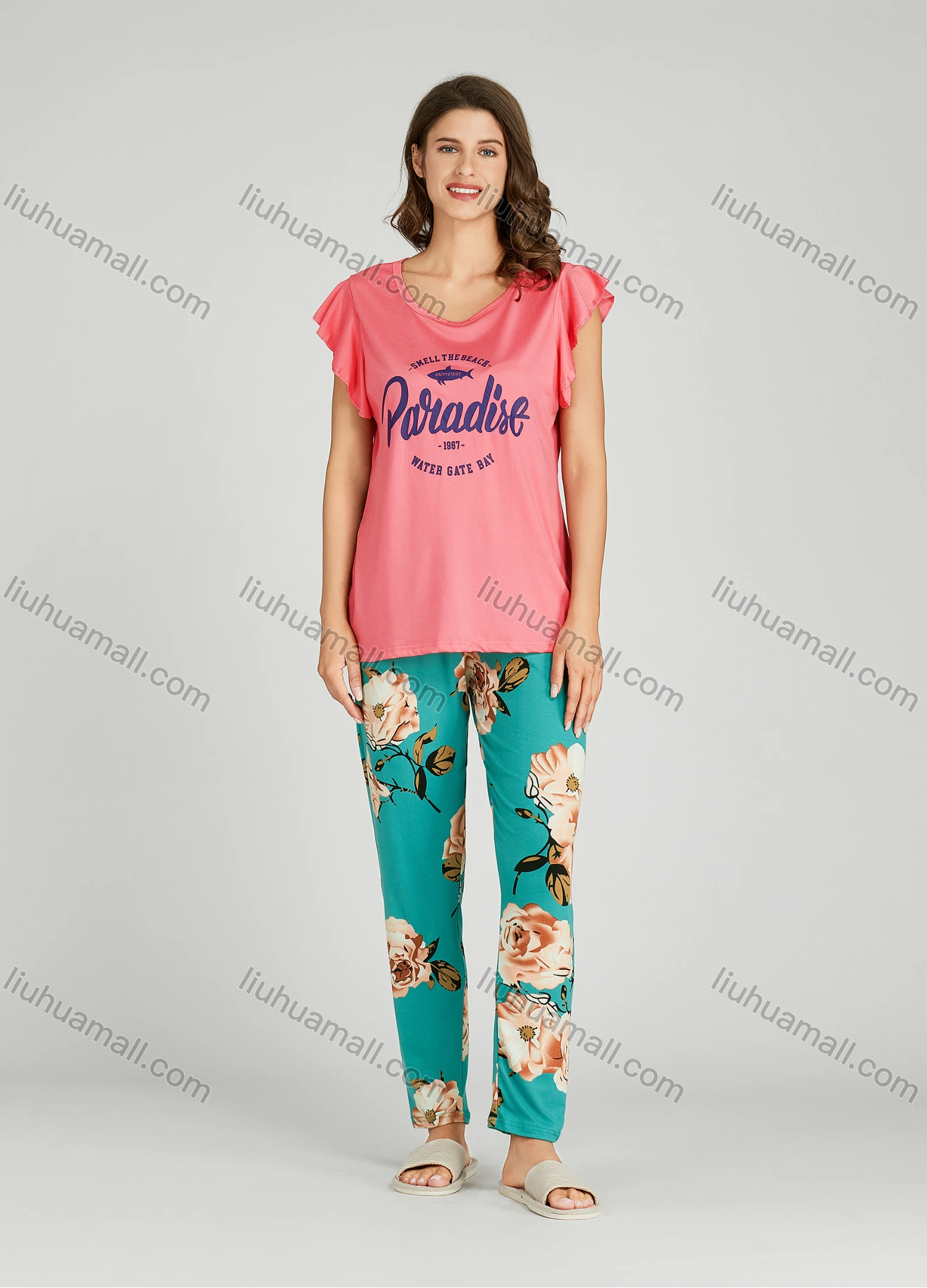Wholesale Women's Letter Floral Print Ruffle Trim Milk Silk Top Pajamas Lounge 2 Piece Set 2321# - Liuhuamall