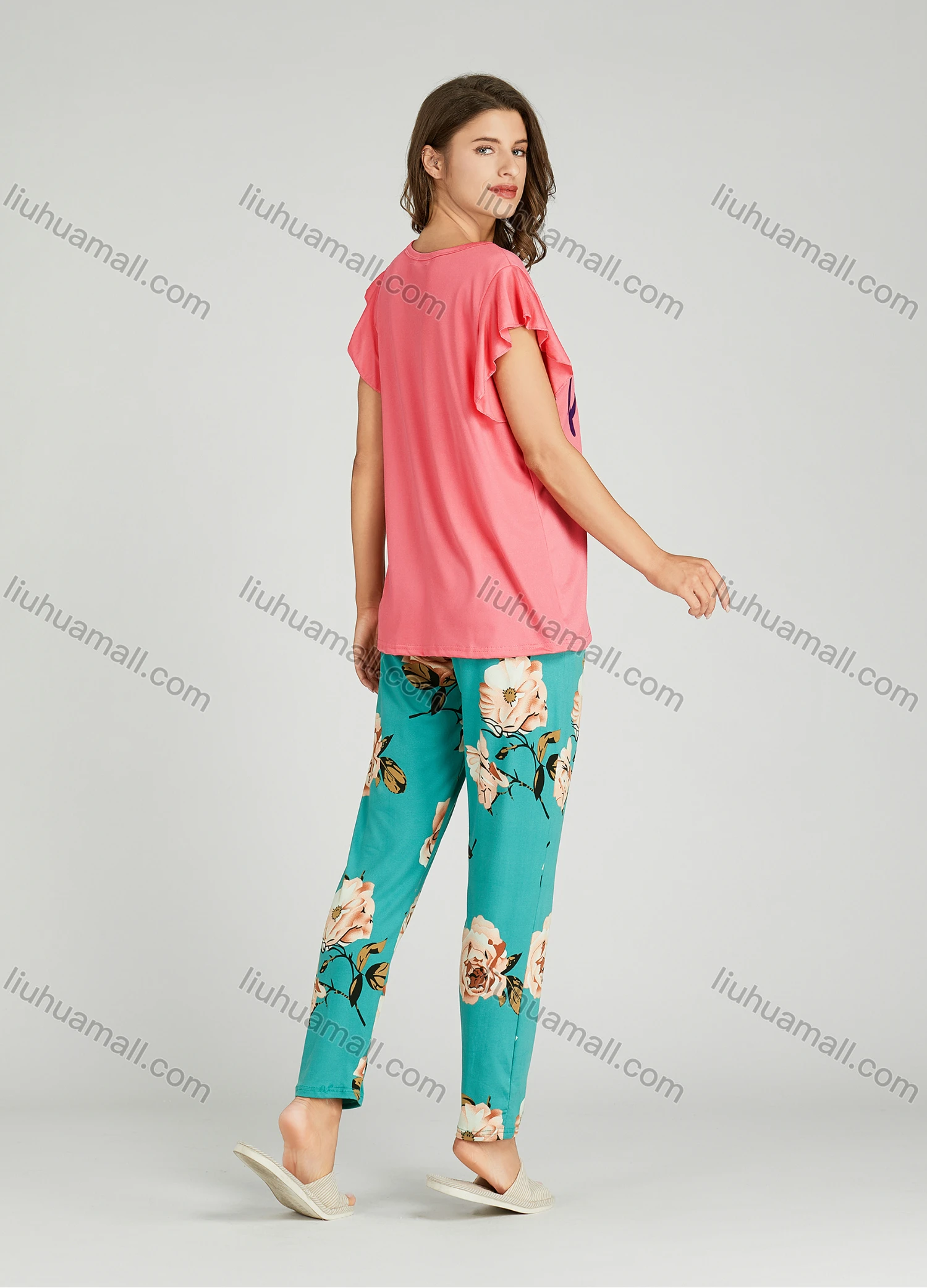 Wholesale Women's Letter Floral Print Ruffle Trim Milk Silk Top Pajamas Lounge 2 Piece Set 2321# - Liuhuamall