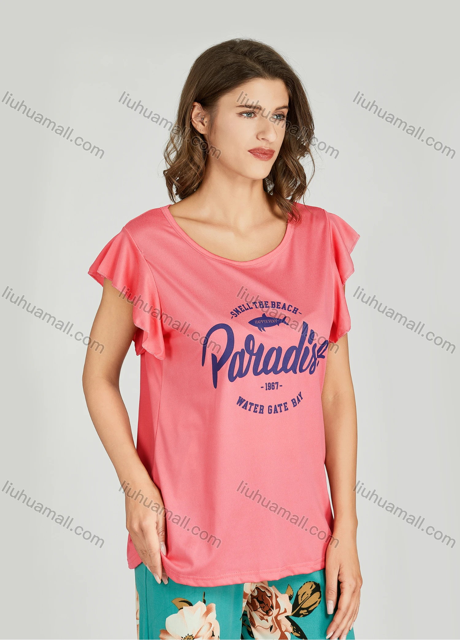 Wholesale Women's Letter Floral Print Ruffle Trim Milk Silk Top Pajamas Lounge 2 Piece Set 2321# - Liuhuamall