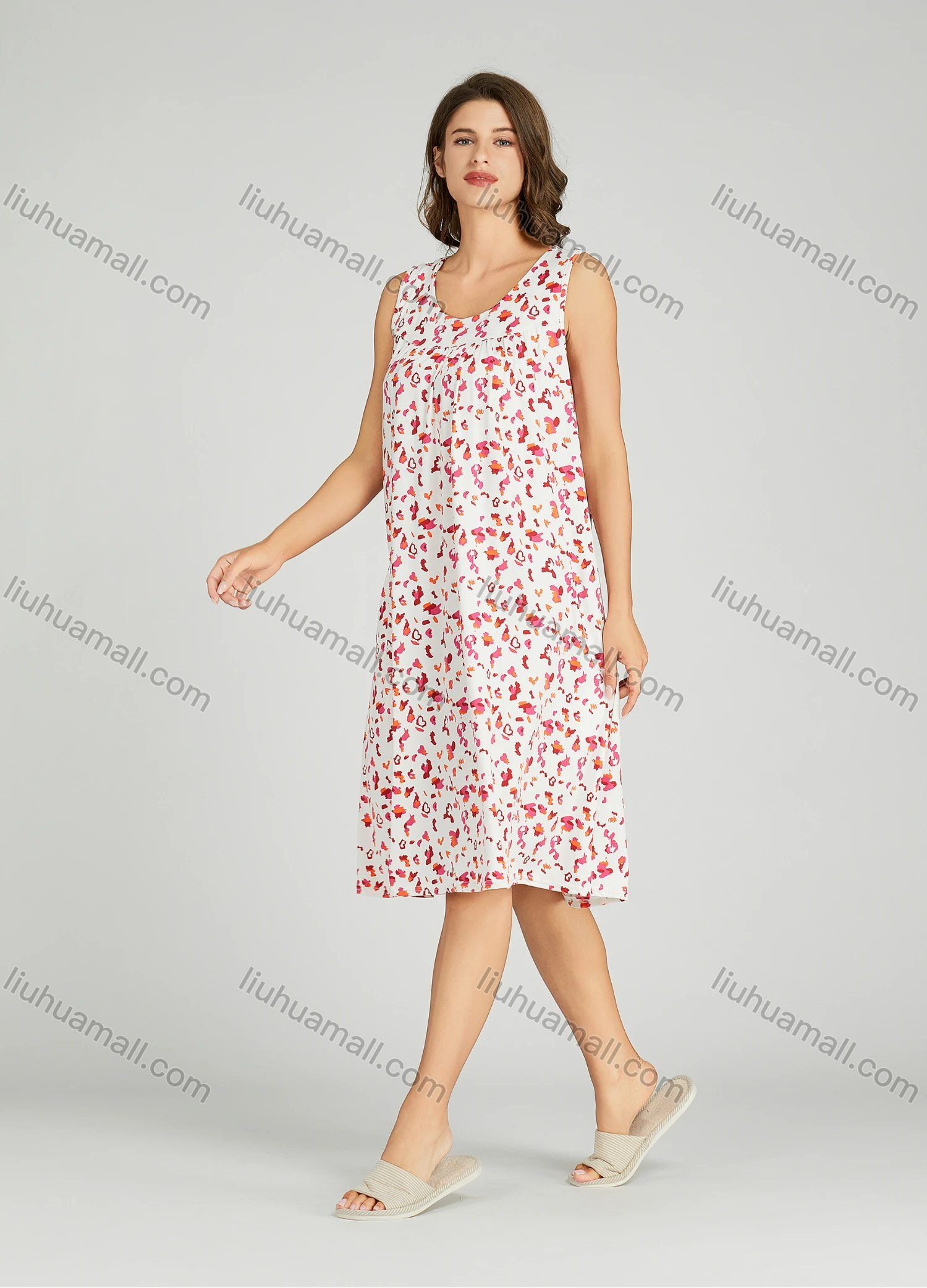 Wholesale Women's Milk Silk Allover Print Ruched Scoop Neck Lounge Sleeveless Midi Night Dress 1145# - Liuhuamall