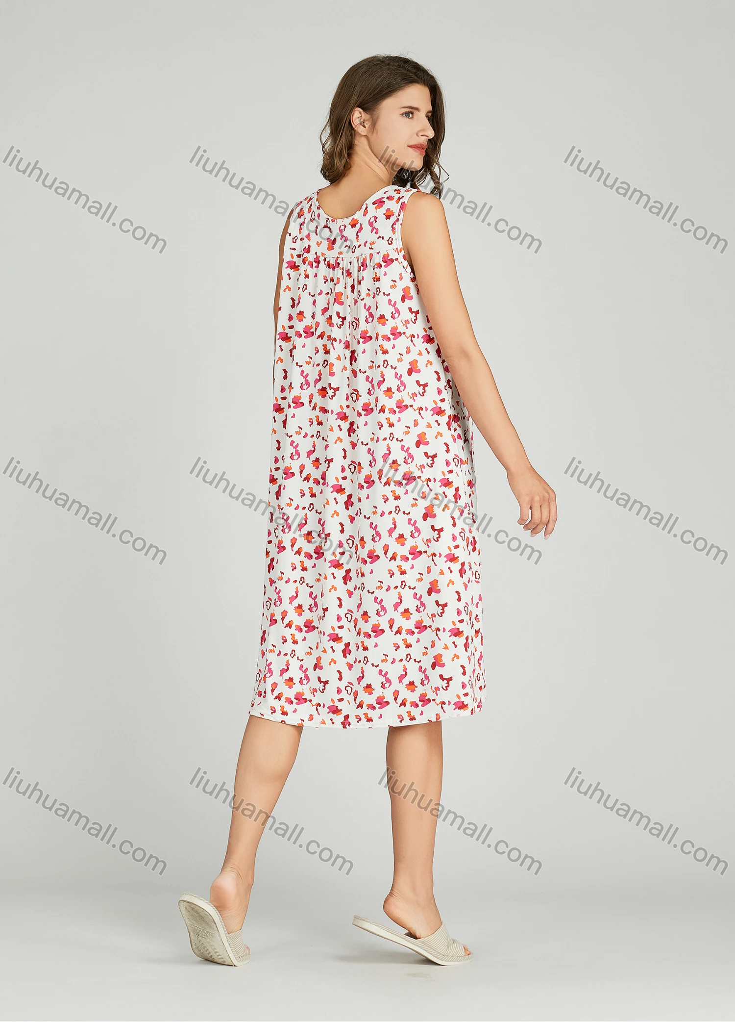 Wholesale Women's Milk Silk Allover Print Ruched Scoop Neck Lounge Sleeveless Midi Night Dress 1145# - Liuhuamall