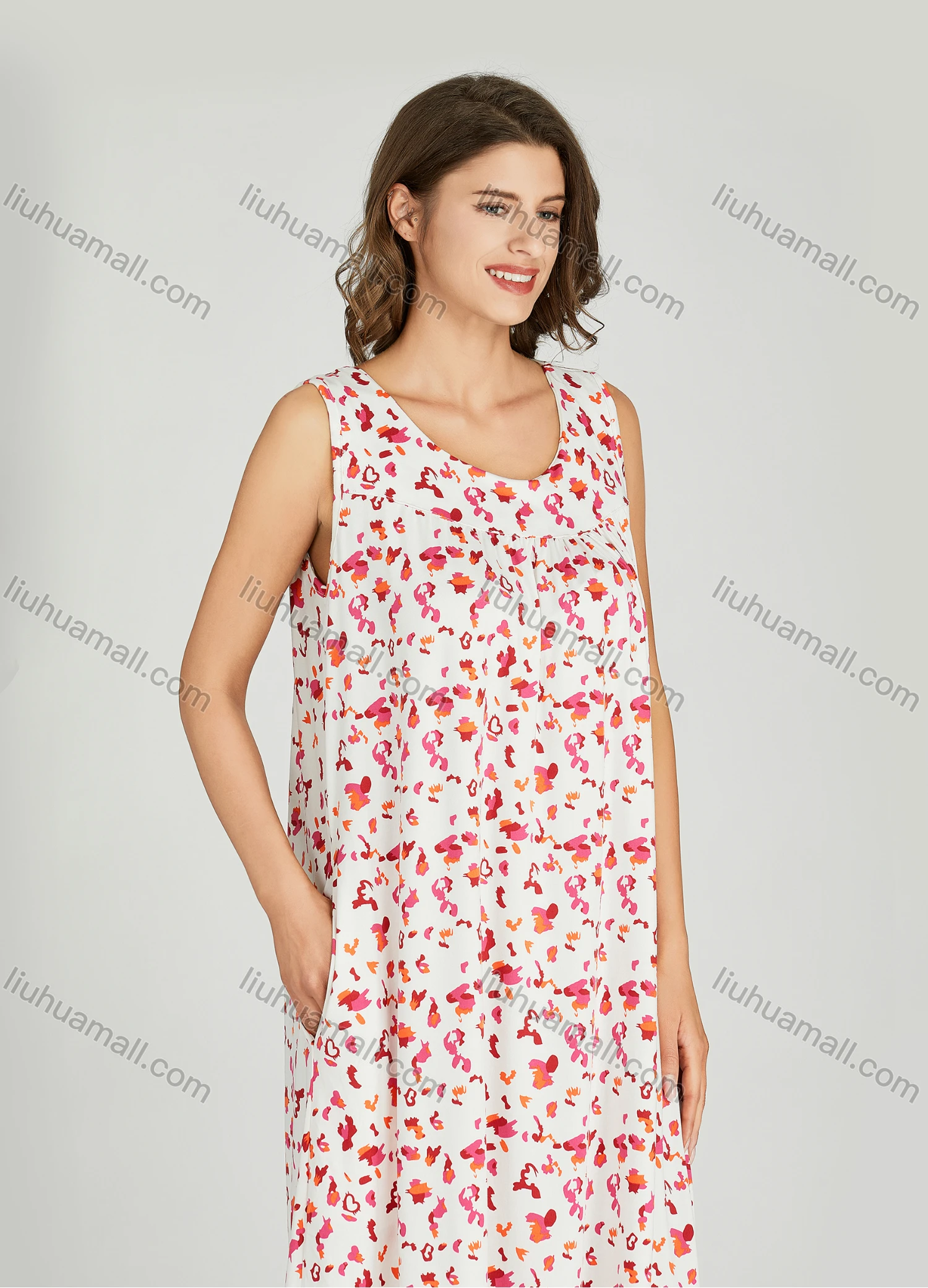 Wholesale Women's Milk Silk Allover Print Ruched Scoop Neck Lounge Sleeveless Midi Night Dress 1145# - Liuhuamall