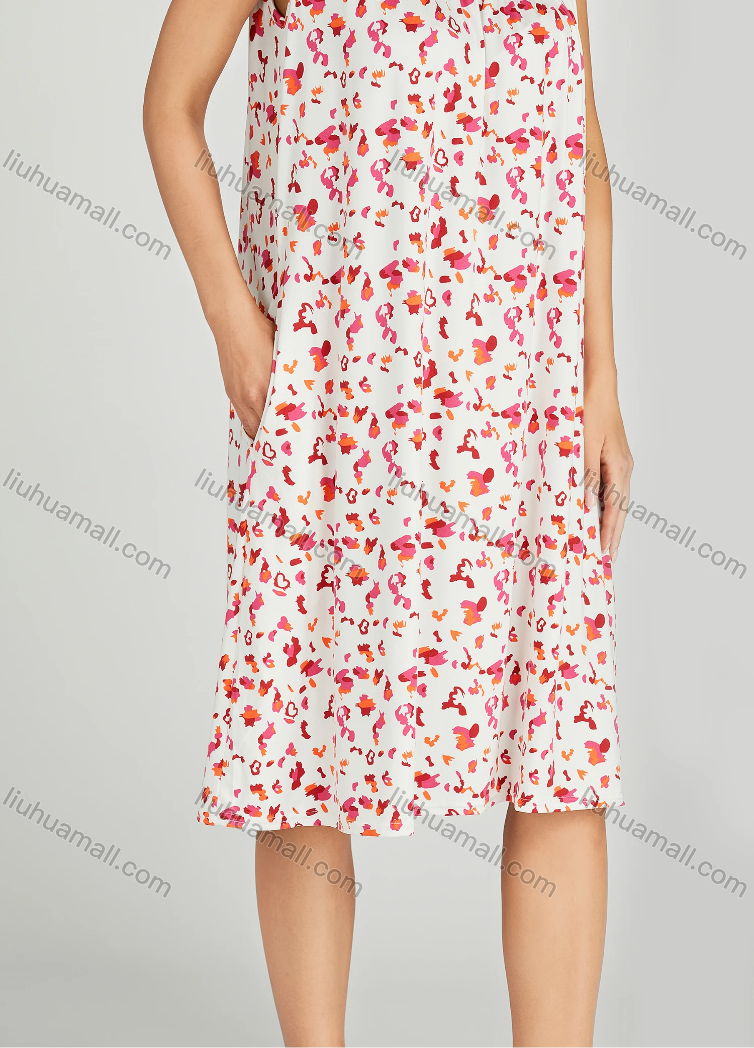 Wholesale Women's Milk Silk Allover Print Ruched Scoop Neck Lounge Sleeveless Midi Night Dress 1145# - Liuhuamall