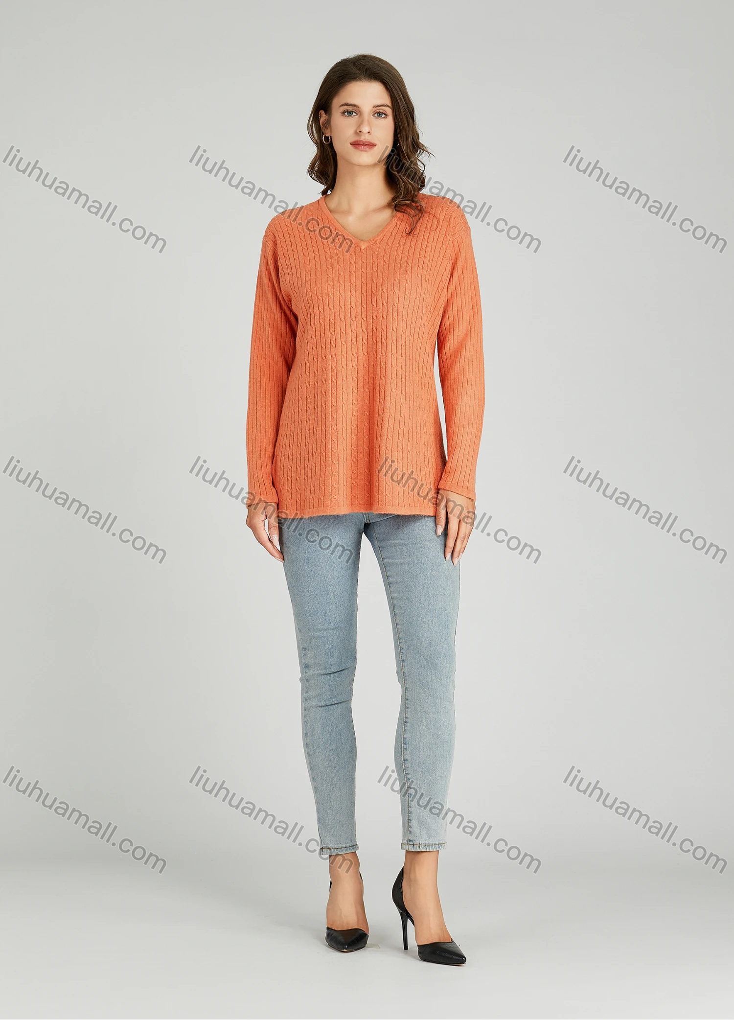 Wholesale Women's Casual Plain V Neck Side Slit Long Sleeve Cable Knit Sweater HB1070# - Liuhuamall