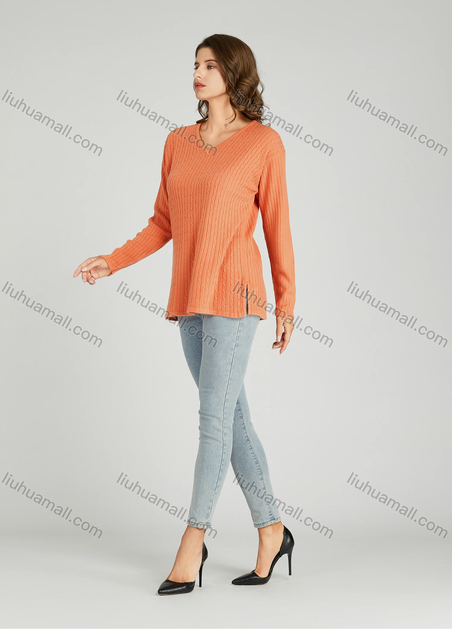 Wholesale Women's Casual Plain V Neck Side Slit Long Sleeve Cable Knit Sweater HB1070# - Liuhuamall