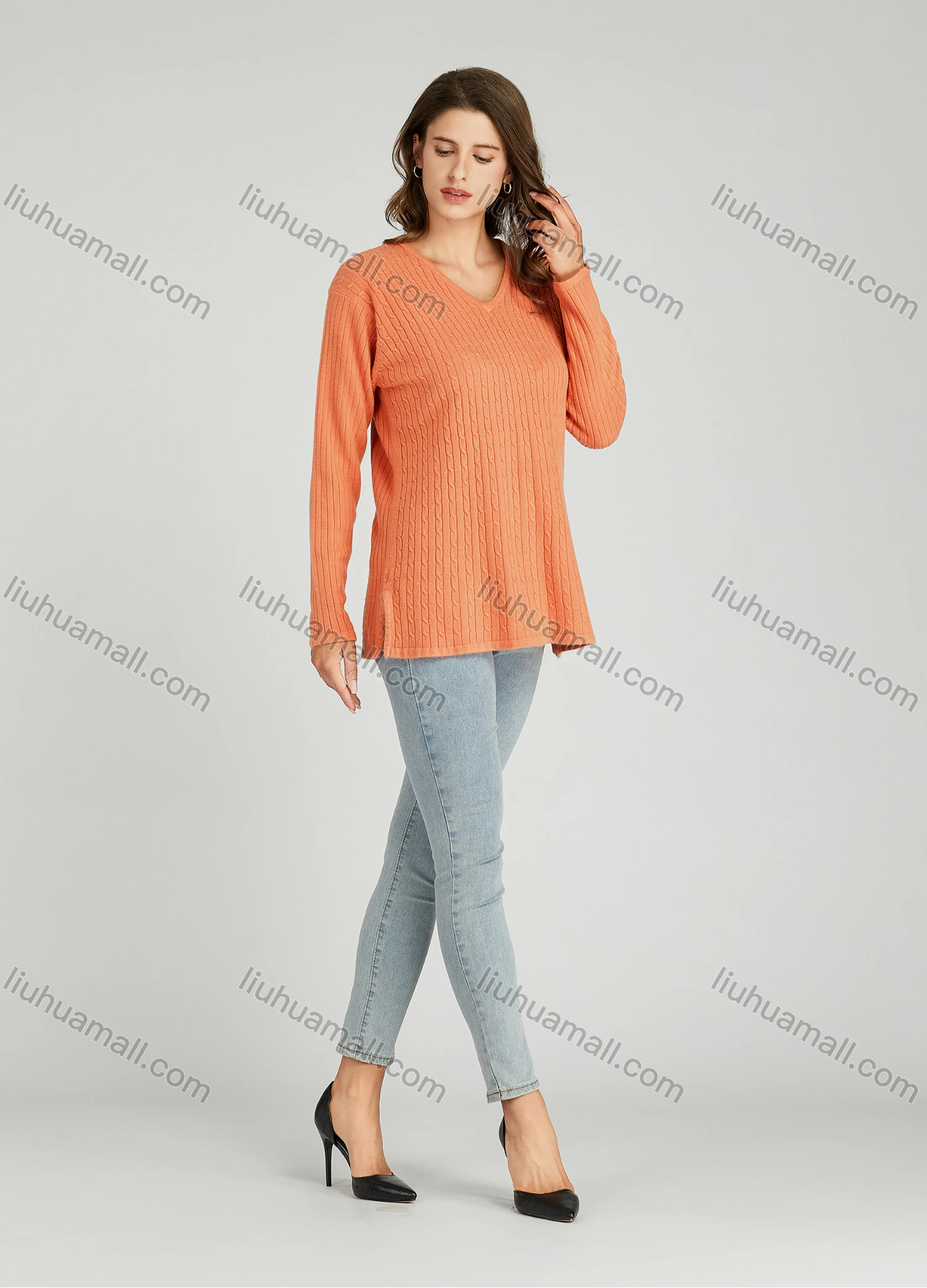 Wholesale Women's Casual Plain V Neck Side Slit Long Sleeve Cable Knit Sweater HB1070# - Liuhuamall