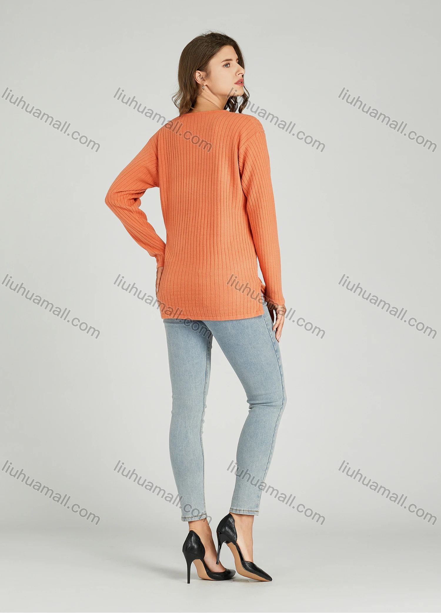 Wholesale Women's Casual Plain V Neck Side Slit Long Sleeve Cable Knit Sweater HB1070# - Liuhuamall