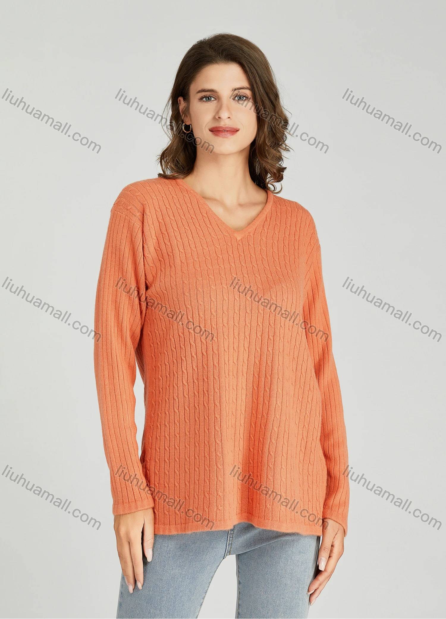 Wholesale Women's Casual Plain V Neck Side Slit Long Sleeve Cable Knit Sweater HB1070# - Liuhuamall