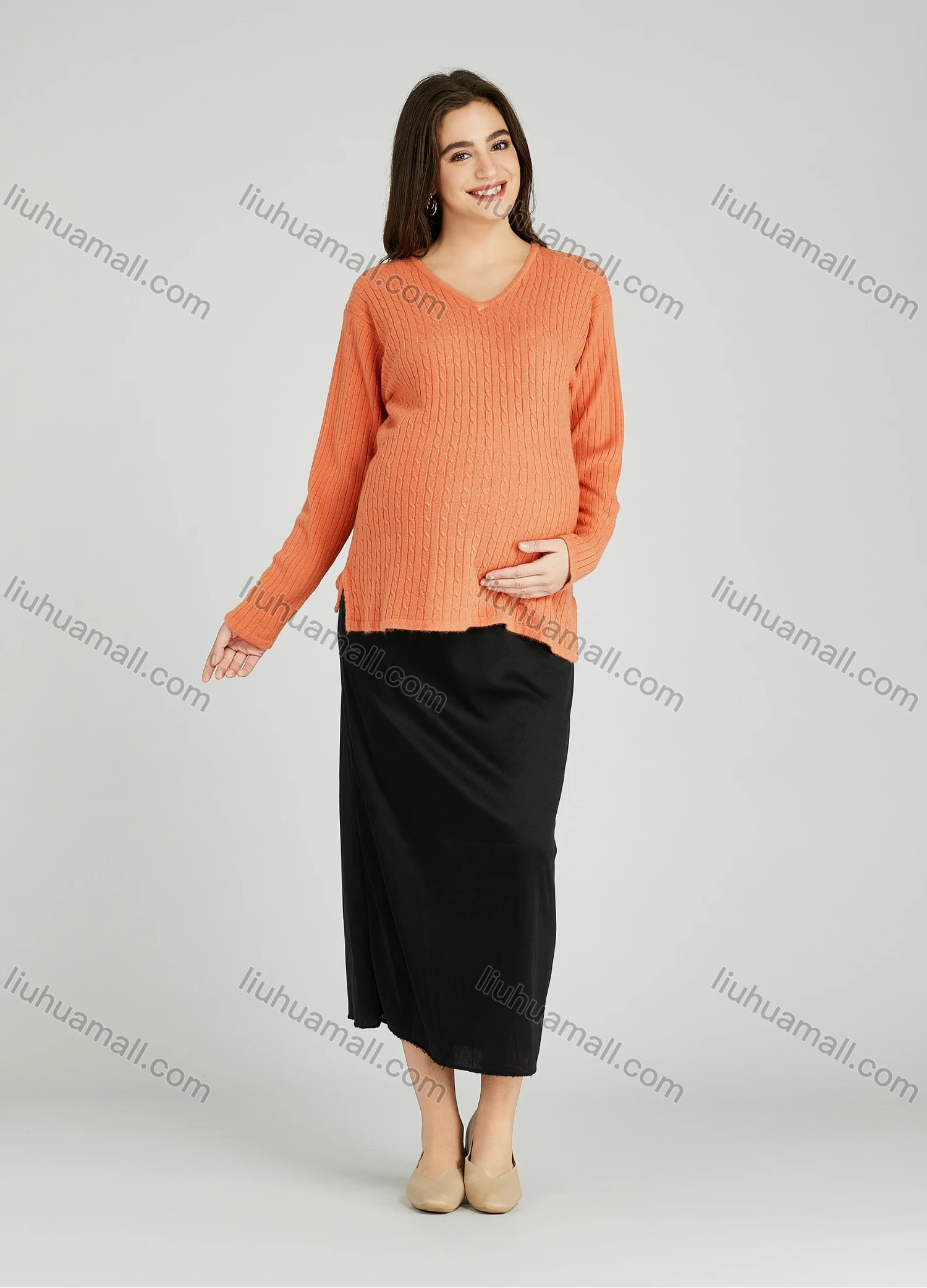 Wholesale Casual Plain V Neck Side Slit Long Sleeve Cable Knit Maternity Sweater HB1070# - Liuhuamall