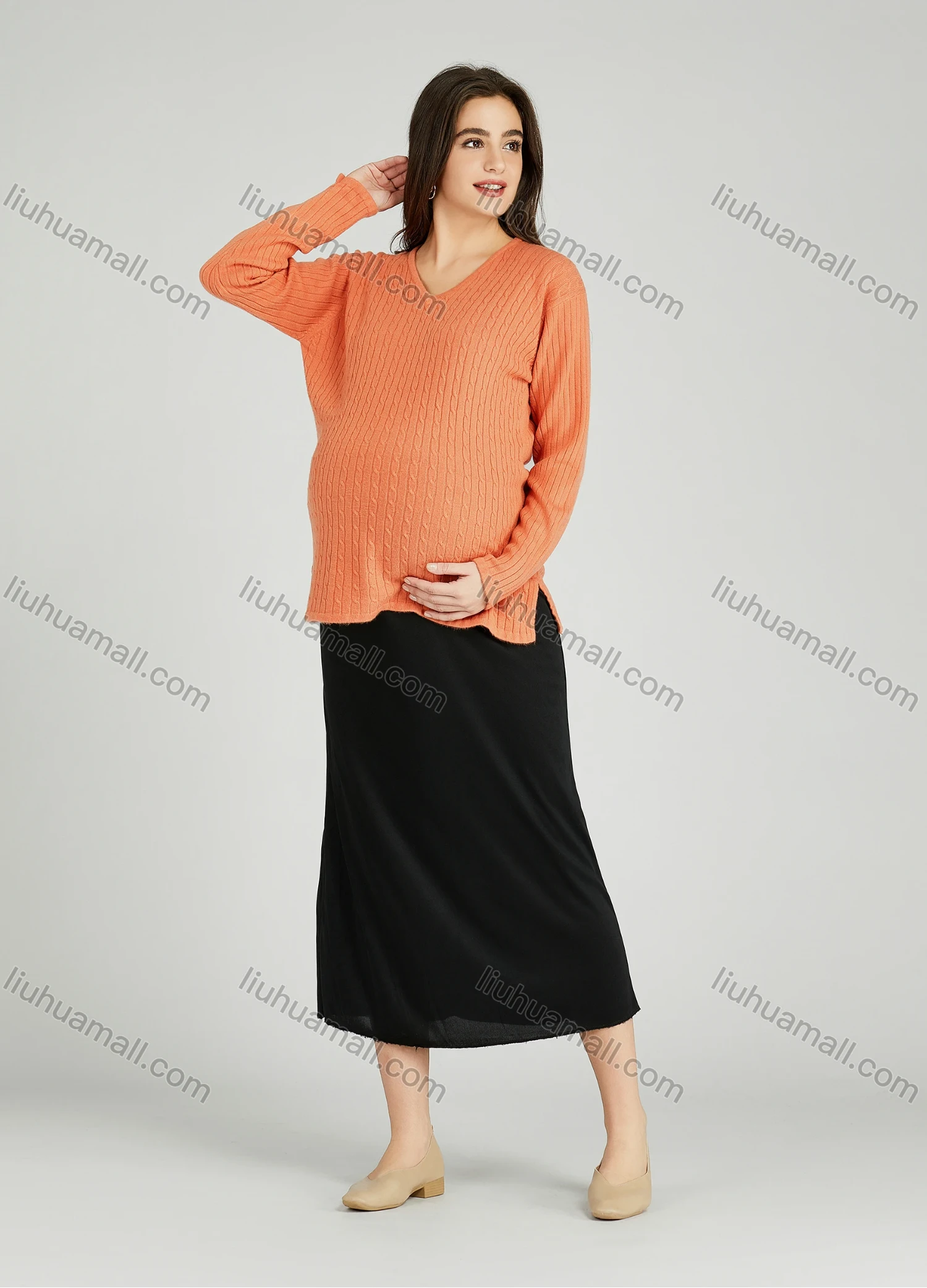 Wholesale Casual Plain V Neck Side Slit Long Sleeve Cable Knit Maternity Sweater HB1070# - Liuhuamall
