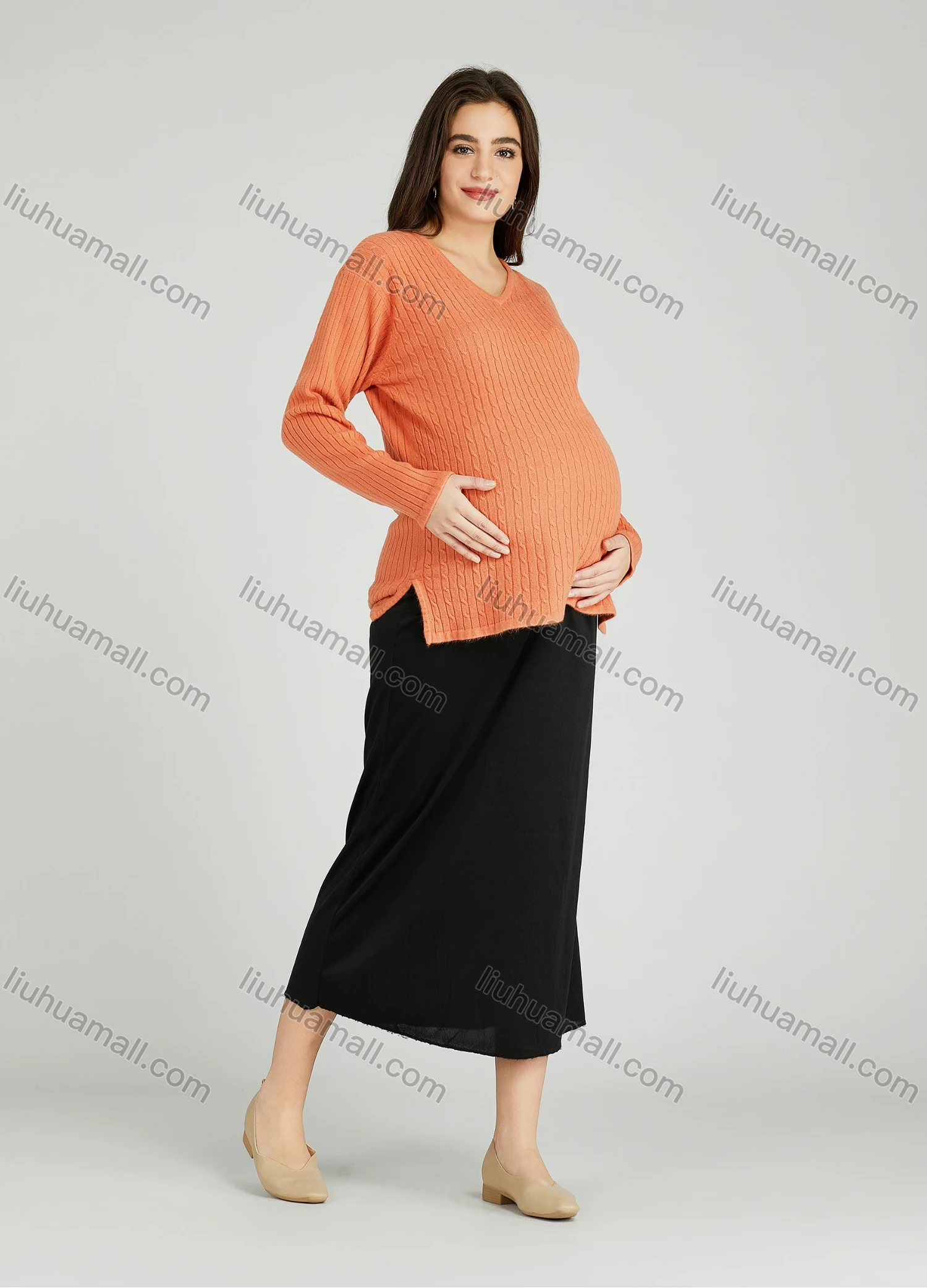 Wholesale Casual Plain V Neck Side Slit Long Sleeve Cable Knit Maternity Sweater HB1070# - Liuhuamall