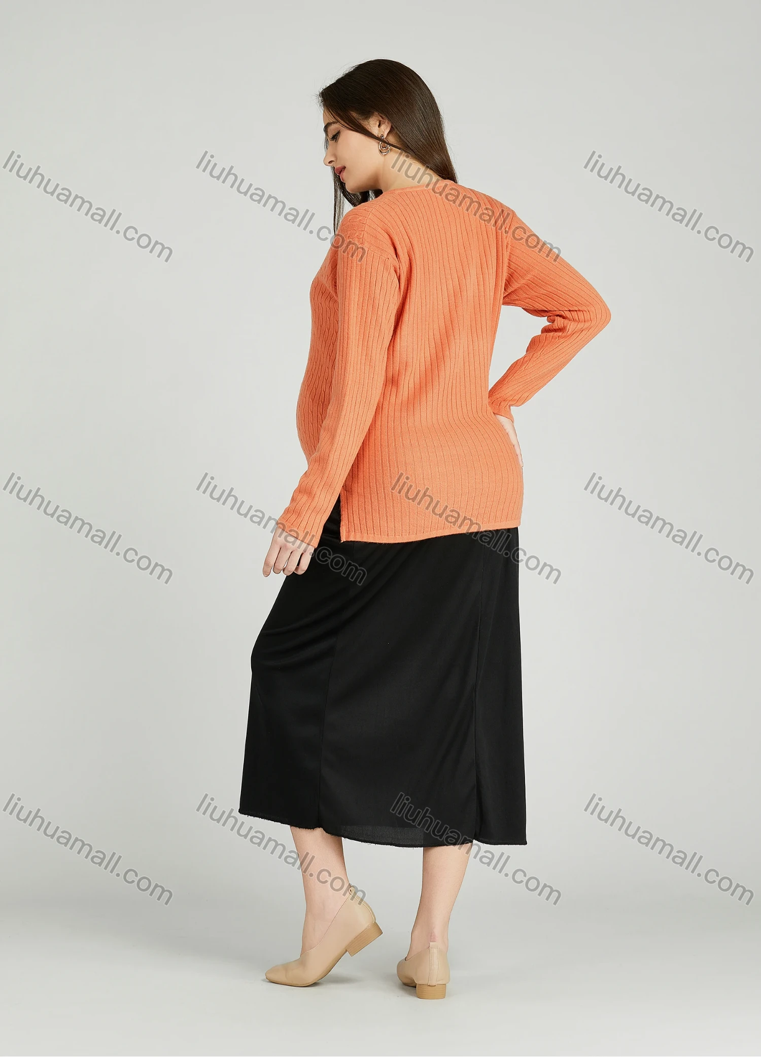 Wholesale Casual Plain V Neck Side Slit Long Sleeve Cable Knit Maternity Sweater HB1070# - Liuhuamall