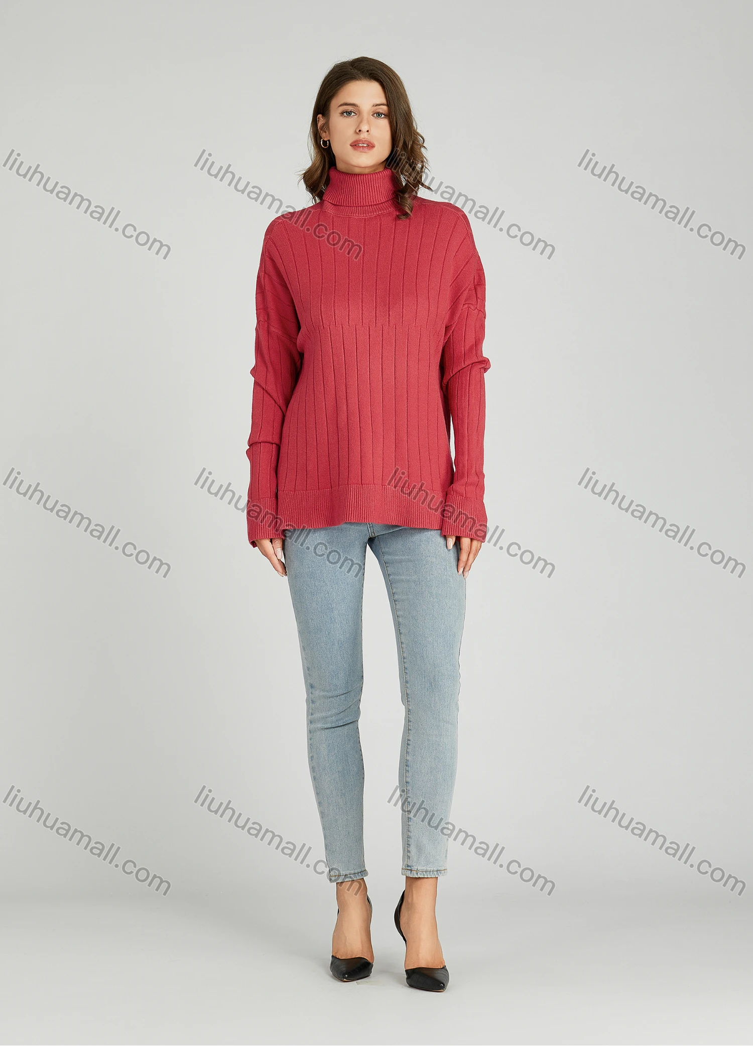 Wholesale Women's Casual Plain Turtleneck Side Slit Long Sleeve Ribbed Sweater HB1068# - Liuhuamall