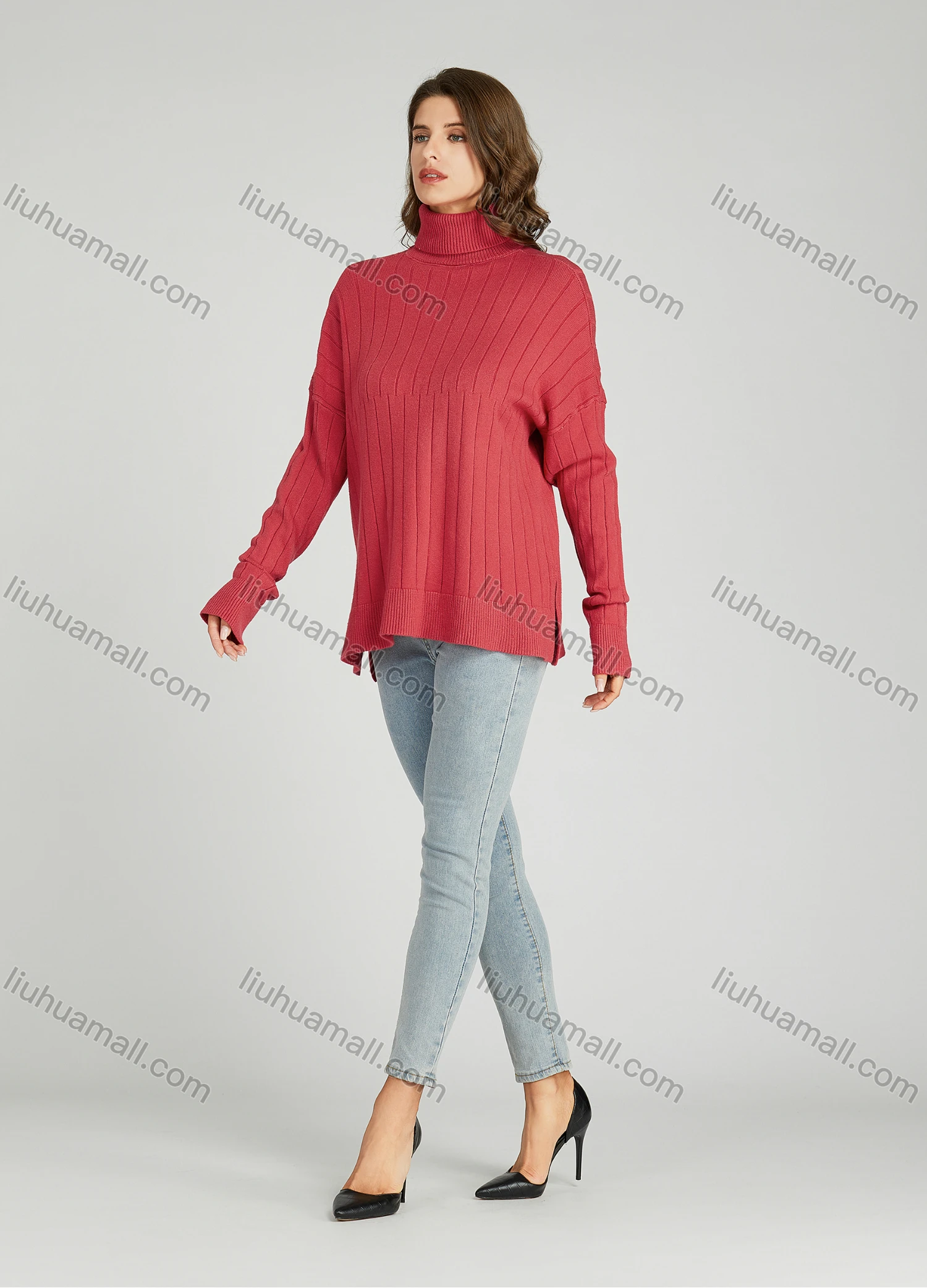 Wholesale Women's Casual Plain Turtleneck Side Slit Long Sleeve Ribbed Sweater HB1068# - Liuhuamall