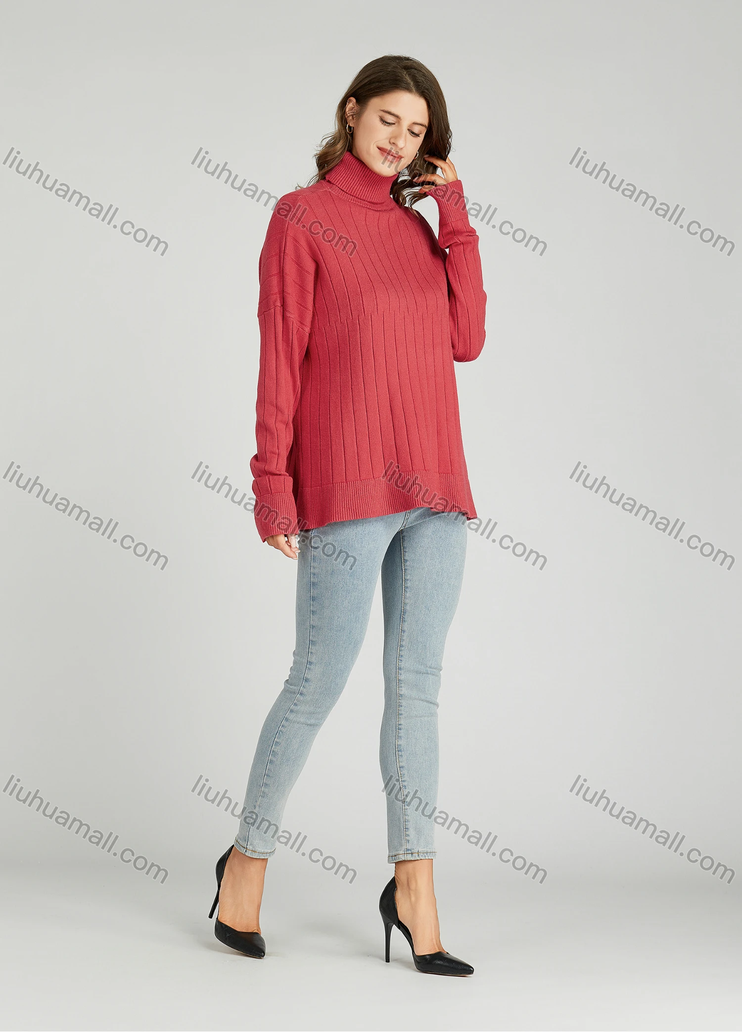 Wholesale Women's Casual Plain Turtleneck Side Slit Long Sleeve Ribbed Sweater HB1068# - Liuhuamall