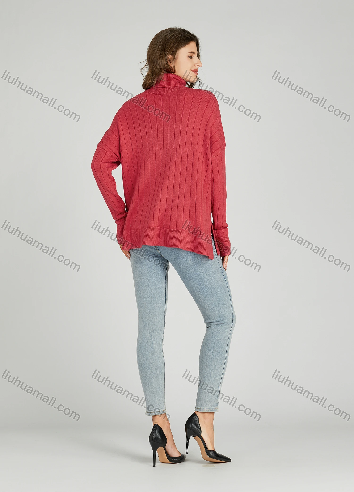 Wholesale Women's Casual Plain Turtleneck Side Slit Long Sleeve Ribbed Sweater HB1068# - Liuhuamall