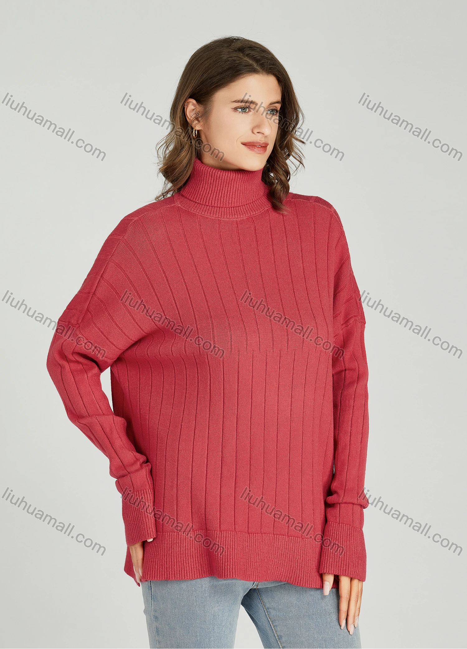 Wholesale Women's Casual Plain Turtleneck Side Slit Long Sleeve Ribbed Sweater HB1068# - Liuhuamall