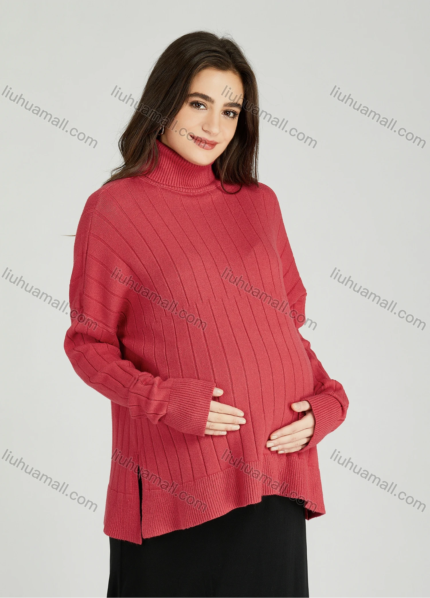 Wholesale Casual Plain Turtleneck Side Slit Long Sleeve Ribbed Maternity Sweater HB1068# - Liuhuamall