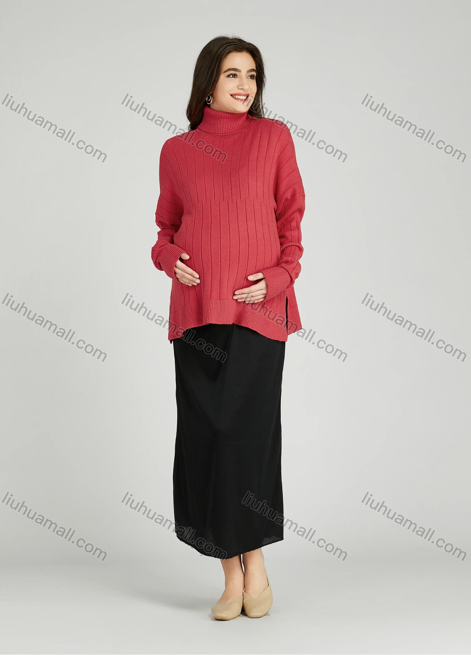 Wholesale Casual Plain Turtleneck Side Slit Long Sleeve Ribbed Maternity Sweater HB1068# - Liuhuamall