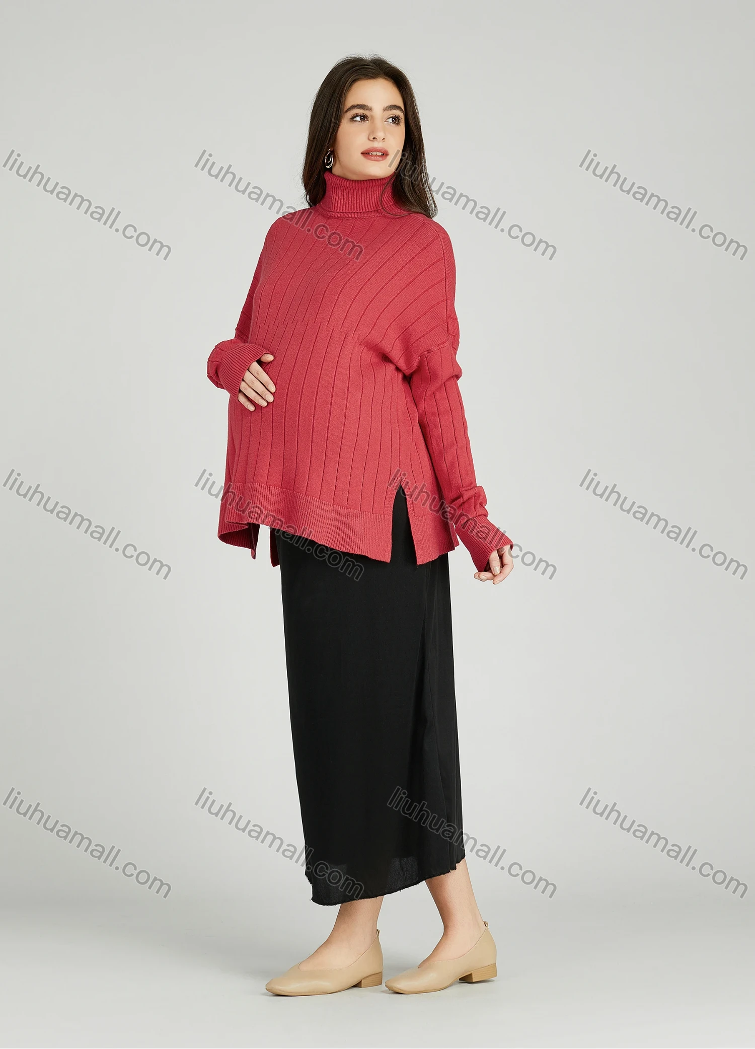 Wholesale Casual Plain Turtleneck Side Slit Long Sleeve Ribbed Maternity Sweater HB1068# - Liuhuamall