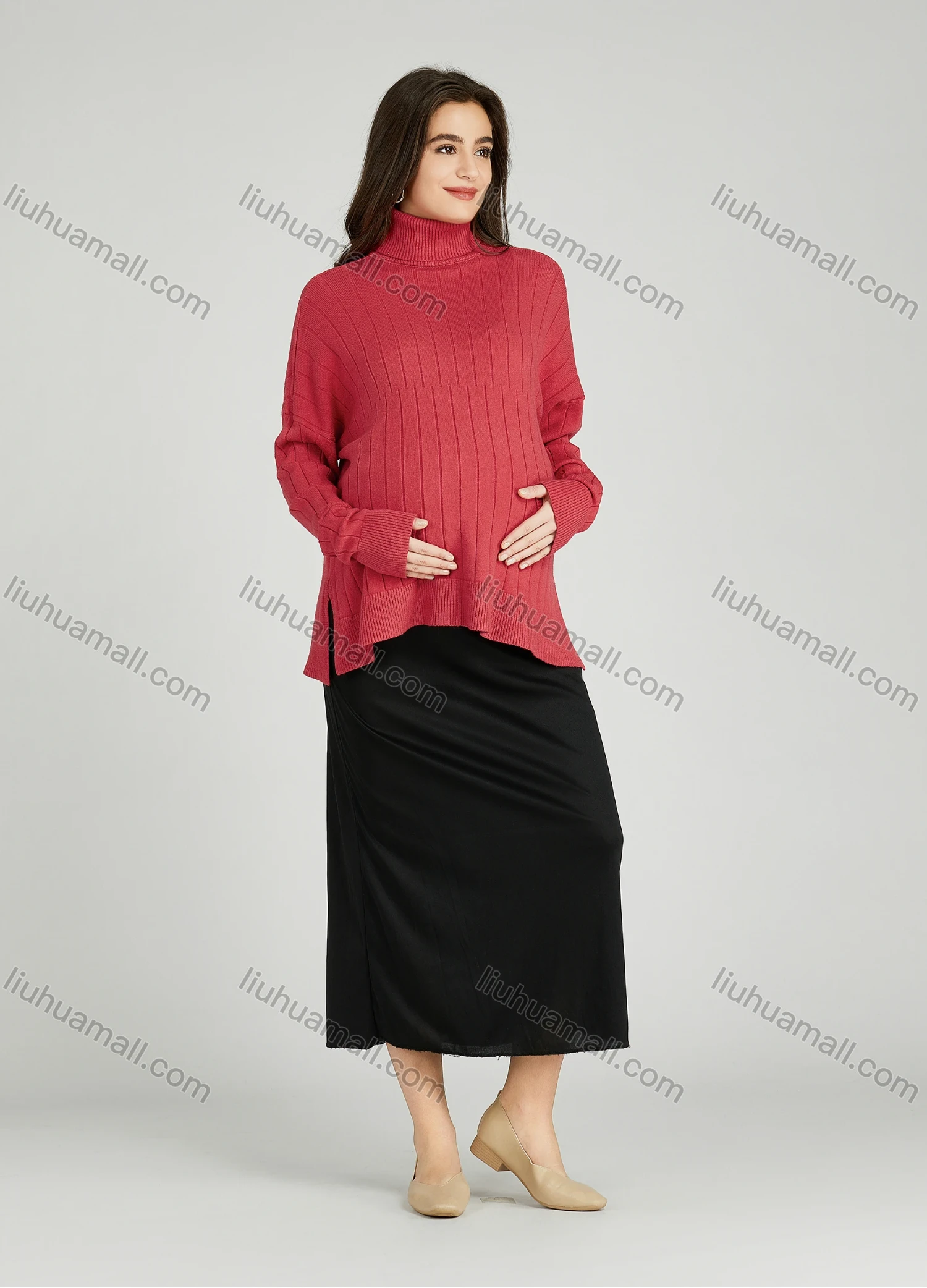 Wholesale Casual Plain Turtleneck Side Slit Long Sleeve Ribbed Maternity Sweater HB1068# - Liuhuamall