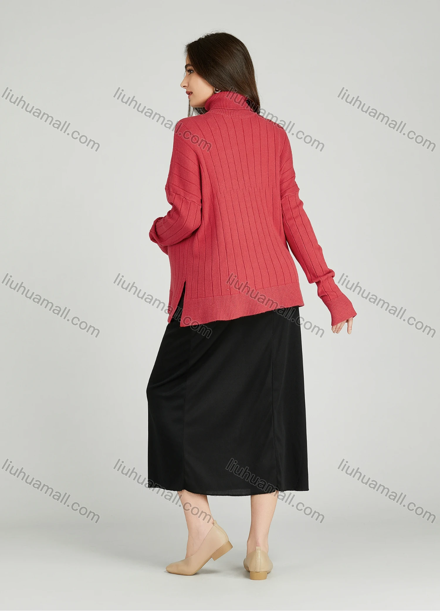 Wholesale Casual Plain Turtleneck Side Slit Long Sleeve Ribbed Maternity Sweater HB1068# - Liuhuamall