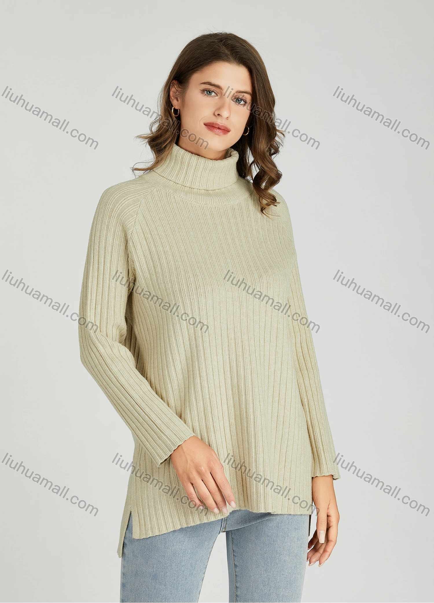 Wholesale Women's Casual Plain Turtleneck Side Slit Long Sleeve Ribbed High Low Hem Sweater HB1069# - Liuhuamall