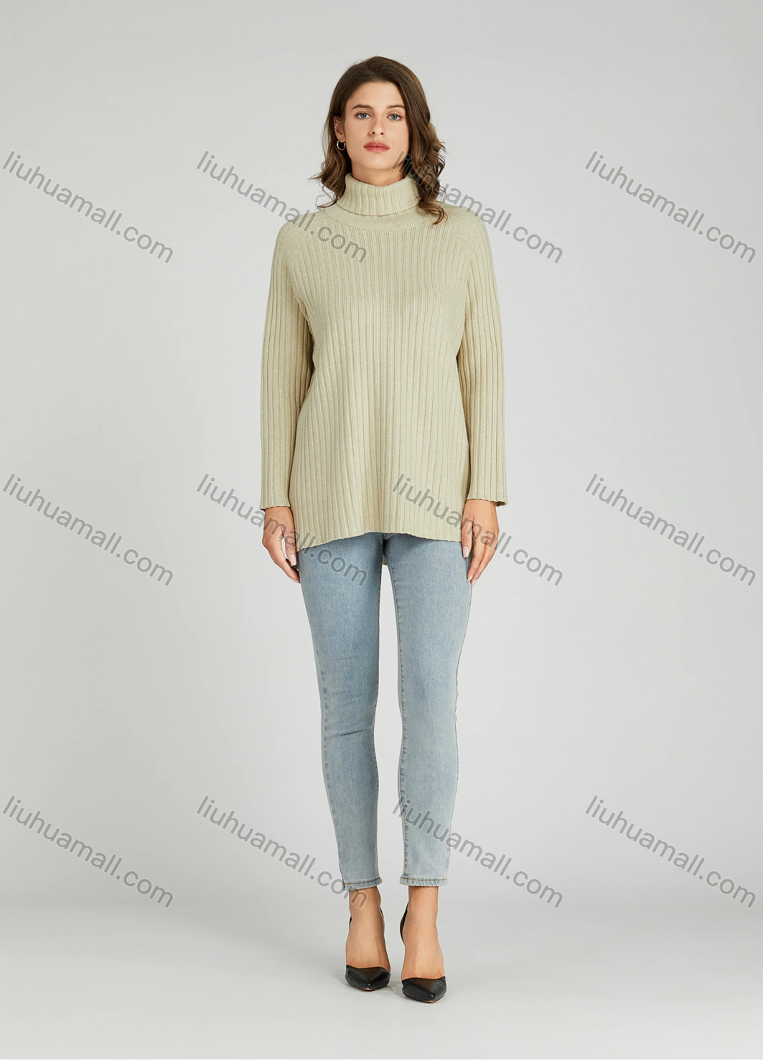 Wholesale Women's Casual Plain Turtleneck Side Slit Long Sleeve Ribbed High Low Hem Sweater HB1069# - Liuhuamall